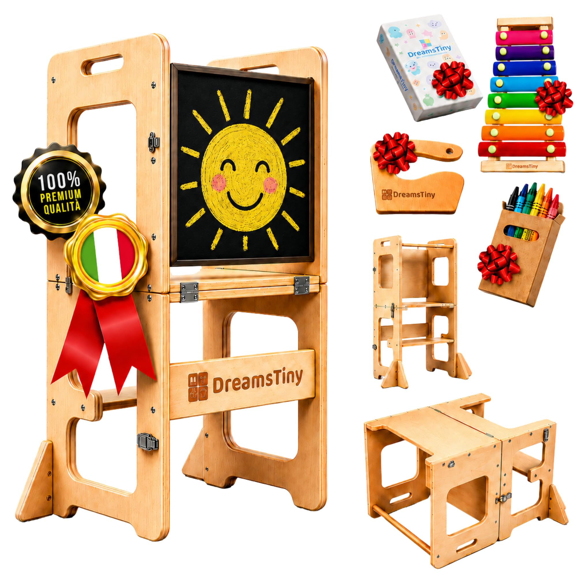Torre Montessoriana Pieghevole 3 in 1, A Partire Dai 18 Mesi | Include Xilofono, Libro da Colorare, Scatola di Matite, Taglierino e Kit di Montaggio, Torre Montessoriana Bambini Pieghevole