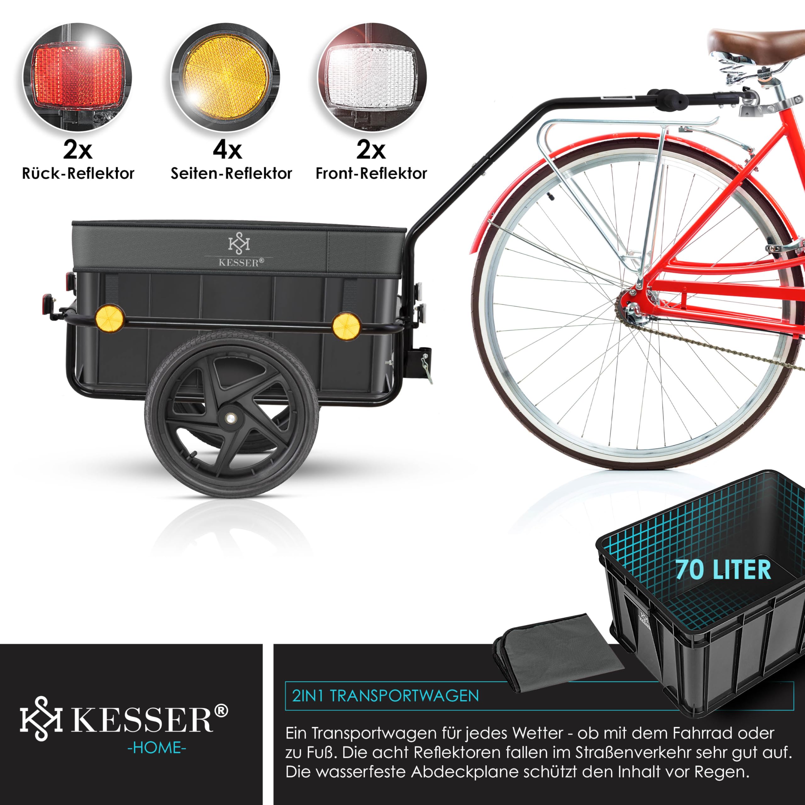 KESSER® Fahrradanhänger, Lastenanhänger, Handwagen mit Kupplung, Hochdeichsel, für Fahrrad Transportanhänger Transportbox mit 70 Liter Volumen, Max. 60kg, + Zubehör für Fahrräder mit 26-28 Anthrazit Sport & Freizeit