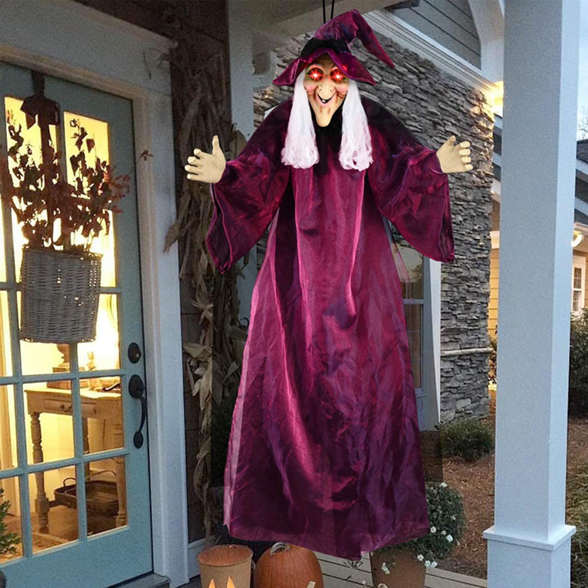 Bruja colgante de animatrónica de Halloween en escoba con decoración de pared de
