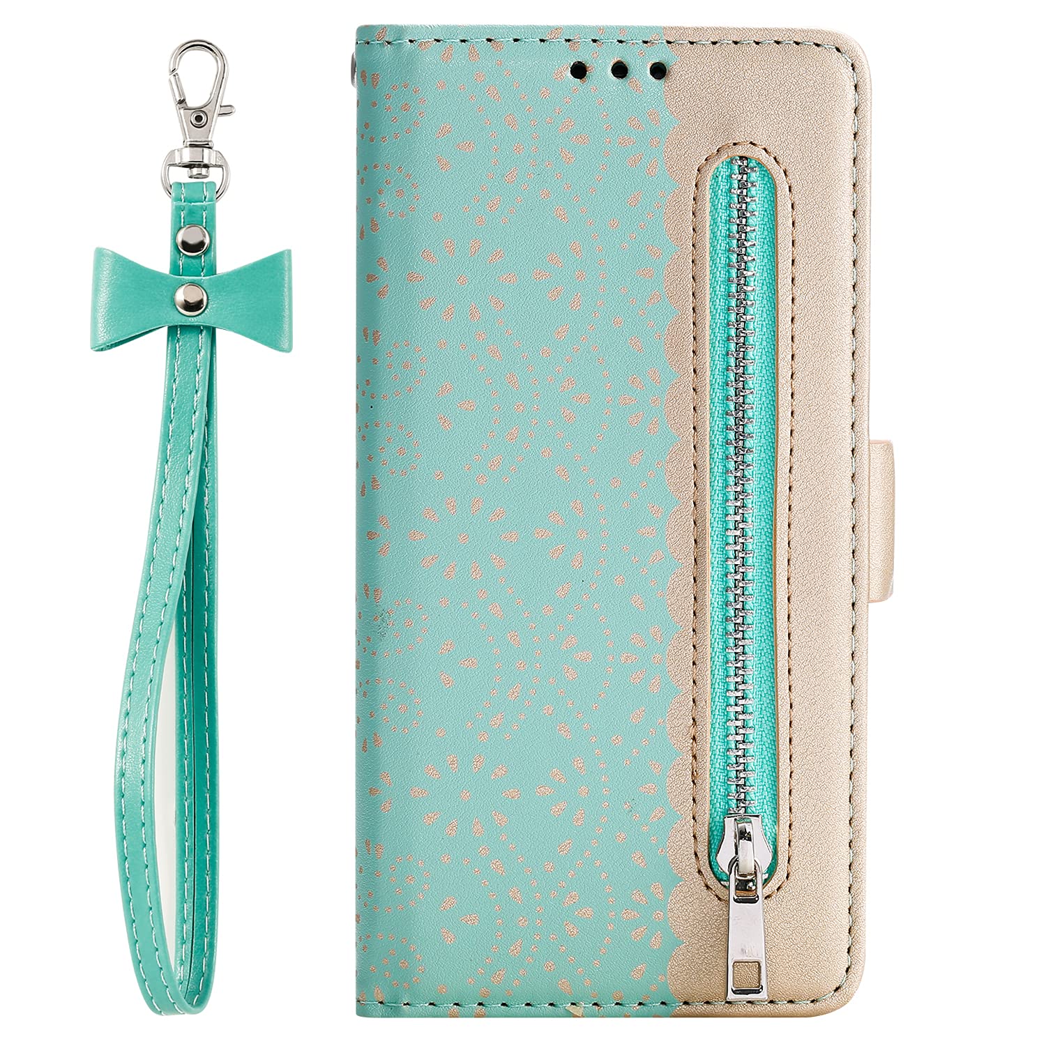 Miagon for Samsung Galaxy A54 5G Zipper Case,Magnetic Wallet Flip Lace PU Leather With Wrist Strap Handbag Pocket Stand Cover,Green