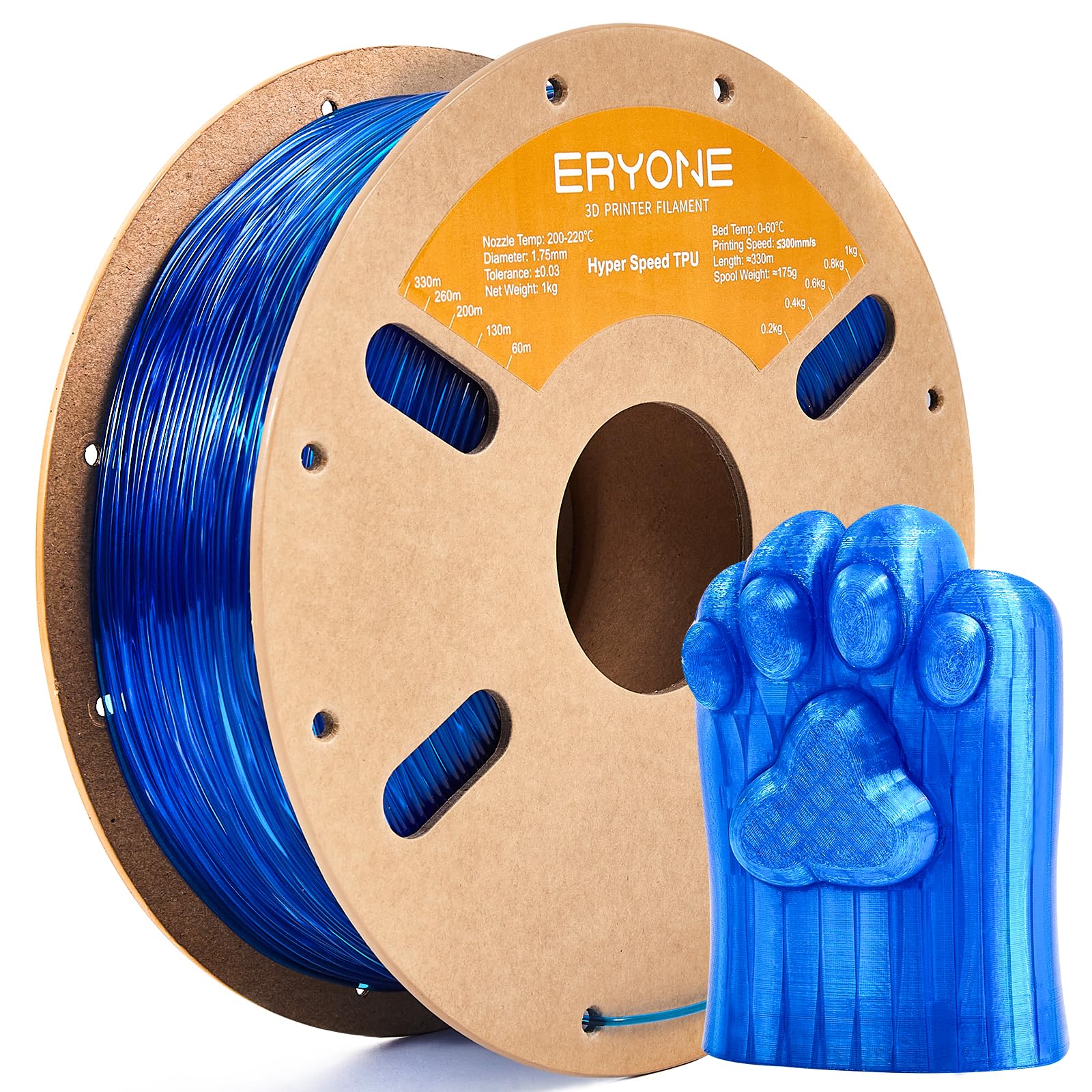 ERYONE TPU Filament High Speed Filament TPU 95A Flexible 3D Printer Filament 1KG, Hyper Speed TPU Filament 1.75 +/- 0.03mm, Rapid 3D Printing Filament 30-300mm/s, Transparent Blue