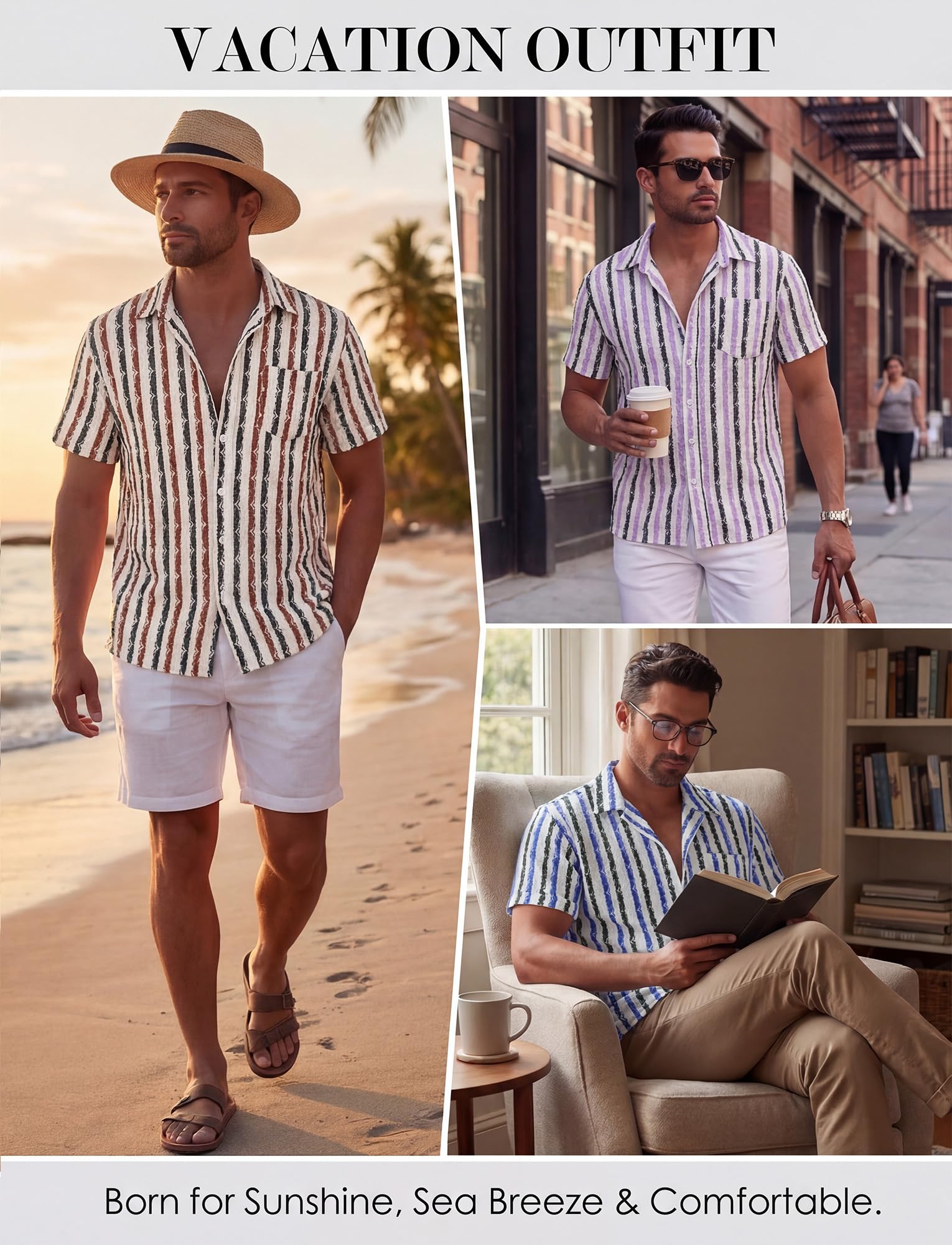 AIEOE Camicia hawaiana da uomo, effetto maglia, a righe, stile retrò, casual, con bottoni, colletto a risvolto, per le vacanze, per il tempo libero, taglie S-XXL