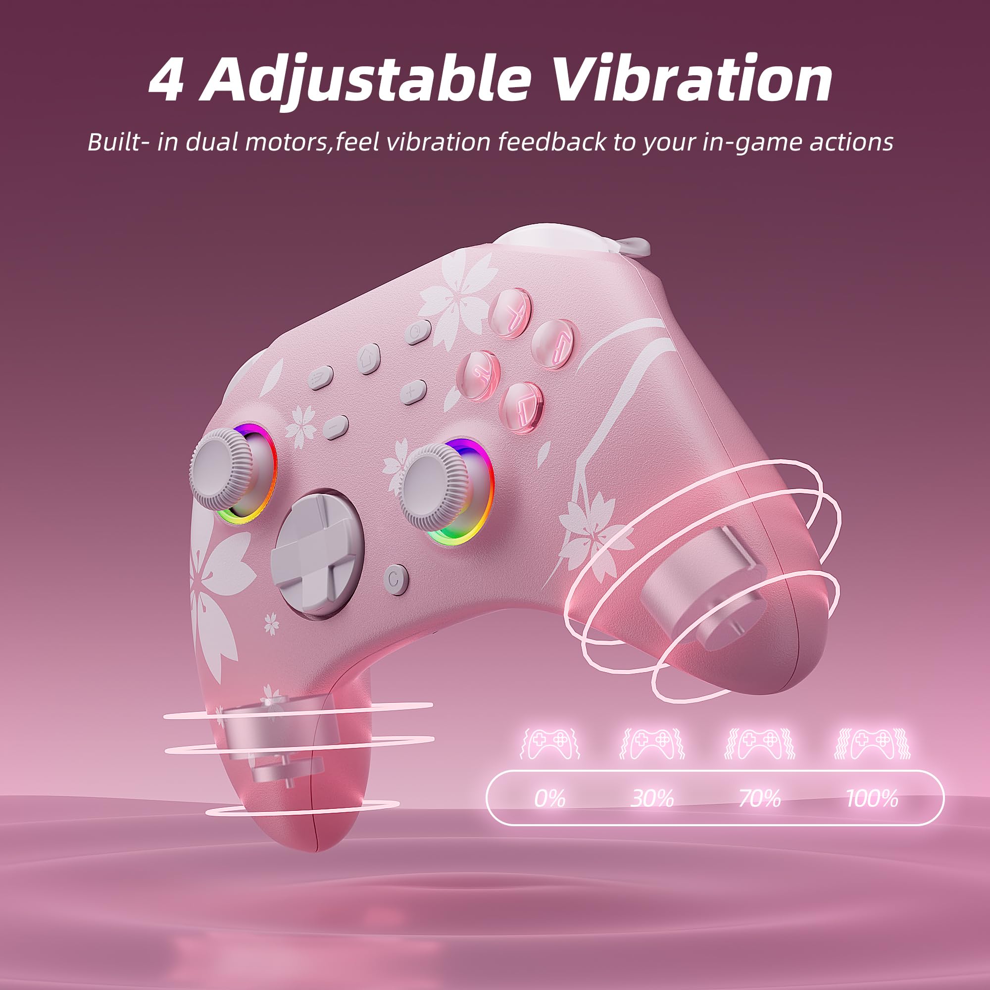 Mytrix Wireless Controllers for Switch/Switch 2, Windows PC iOS Android Steam/Steam Deck,  Bluetooth Controller with Programmable, Hall Effect Joysticks, Adjustable LED Light/Turbo/Vibration: Sakura Pink