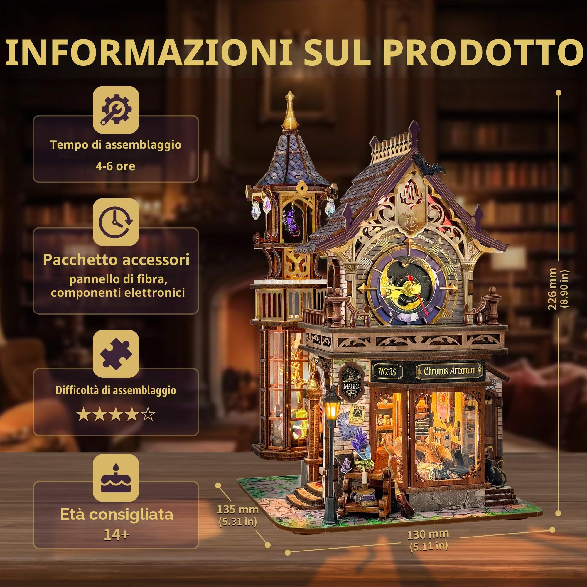 Time Magic Club (SQ-71) - Puzzle 3D in legno a forma di torre magica, kit fai da te per casa in miniatura con LED e musica, decorazione per libreria, regali artigianali per familiari e amici