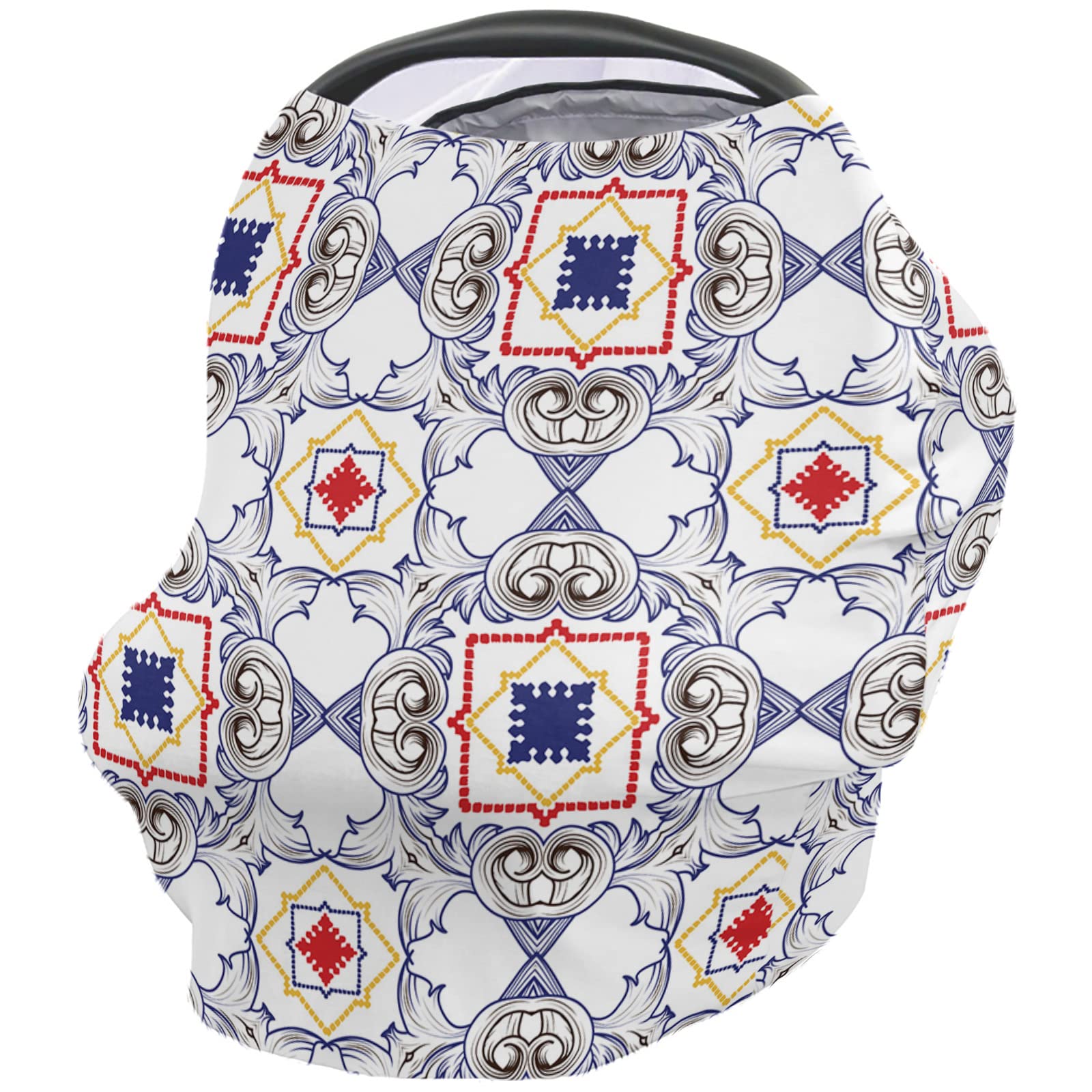 Nursing Cover for Breastfeeding Scarf, Blue Red Square Geometric Baby Car Covers Super Soft Multi Use for Canopy Shopping Cart Cover Blanket Stroller Cover