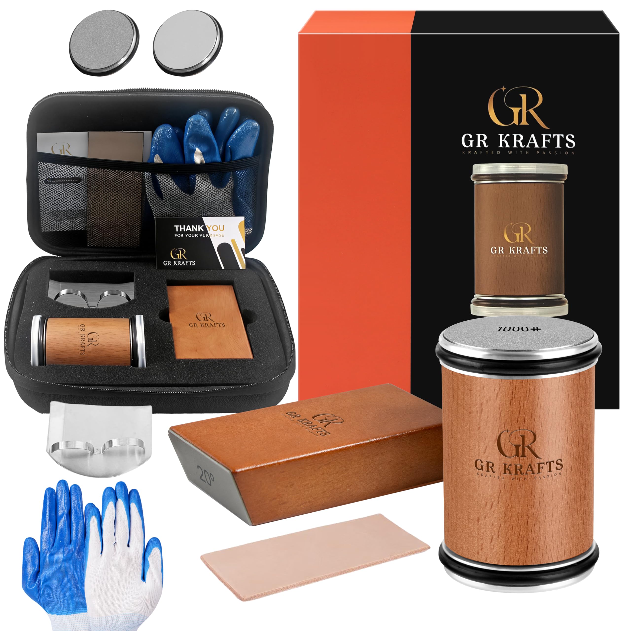 Rolling Knife Sharpener Kit with 1000 &amp; 3000 Grit Discs, Magnetic 15°/20° Angle Guide for Kitchen Knives, Finger Protector, Leather Strop &amp; Carry Bag