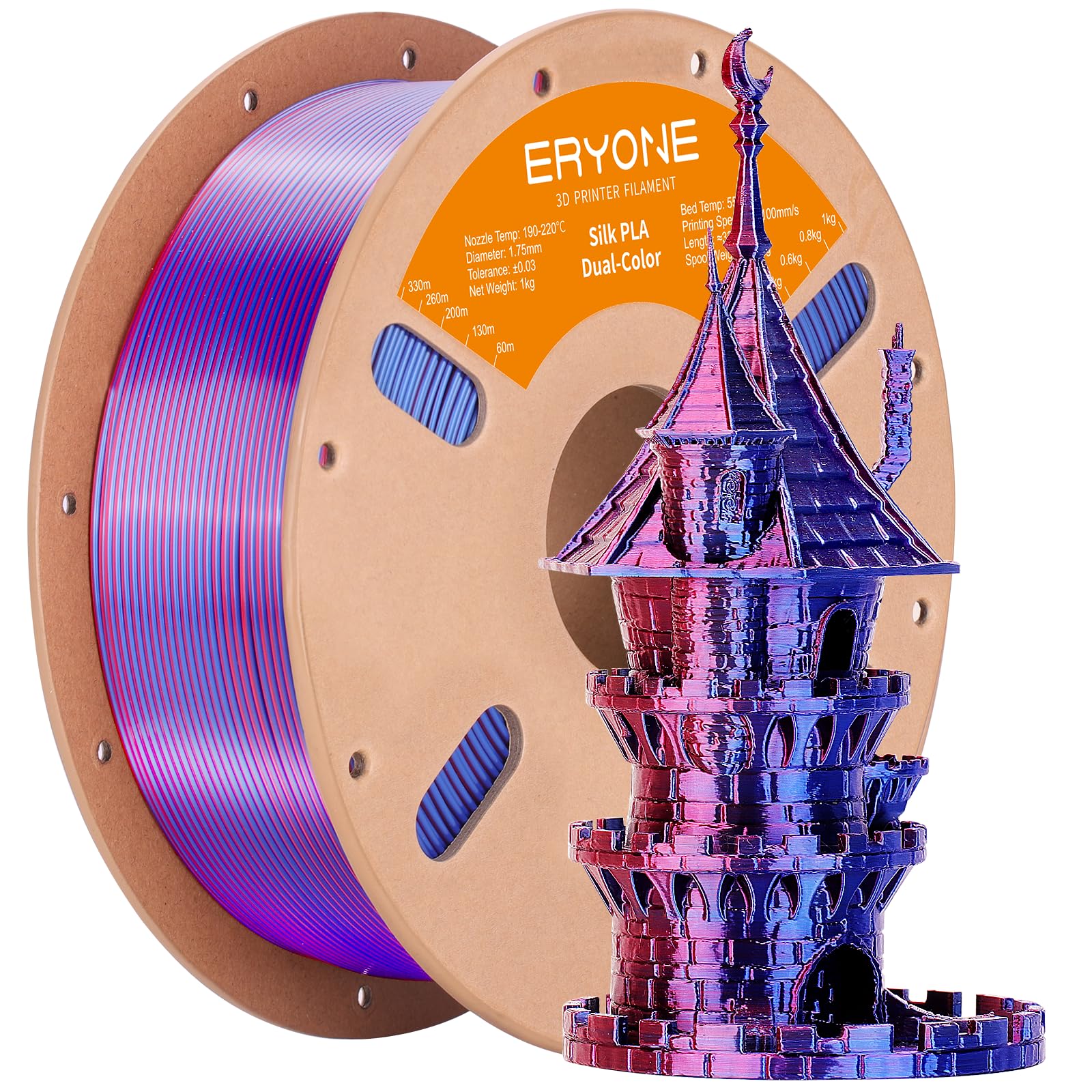 ERYONE Filamento PLA bicolore doppio 1,75 mm, filamento stampante 3D bobina da 1 kg +/- 0,02 mm, seta rossa e blu