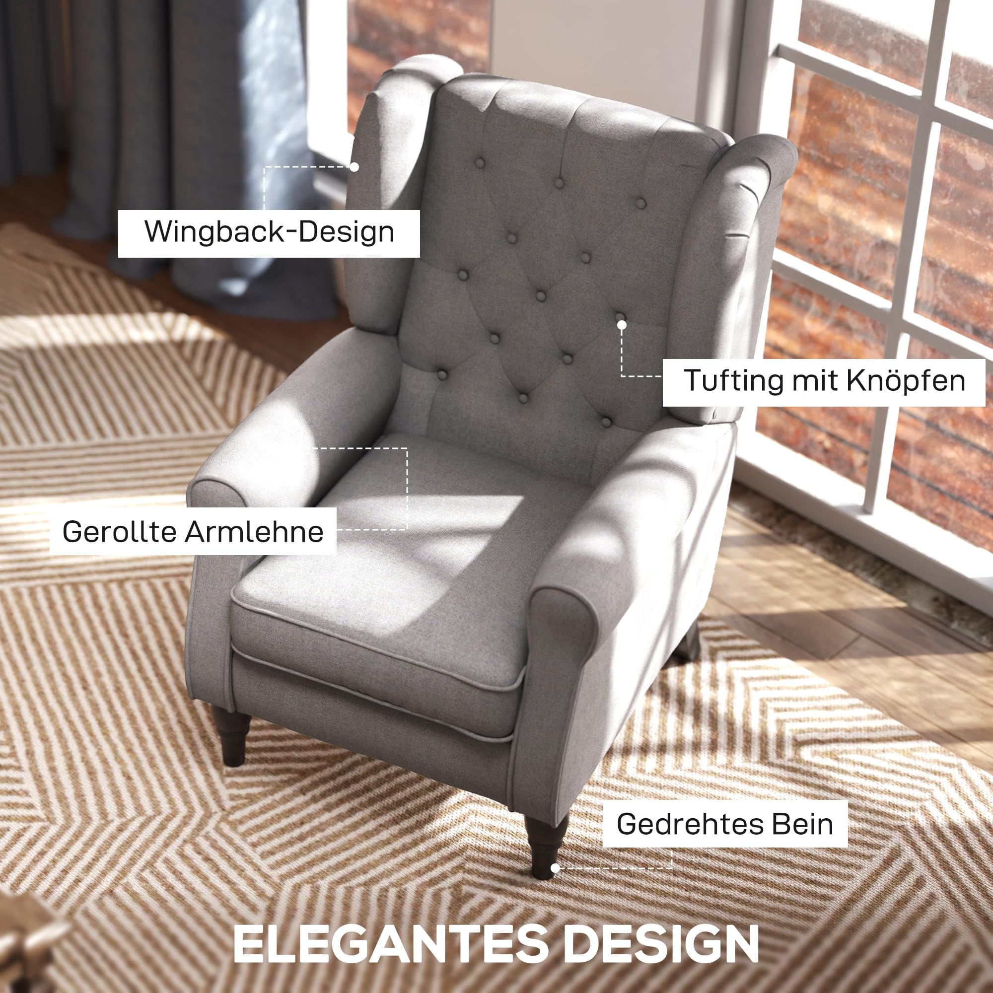 HOMCOM Sessel Ohrensessel mit Armlehnen, Loungesessel mit Kissen, Tufting, hoher Rückenlehne Armlehnensessel mit Holzbeine, Relaxsessel für Wohnzimmer, Schlafzimmer, Braun