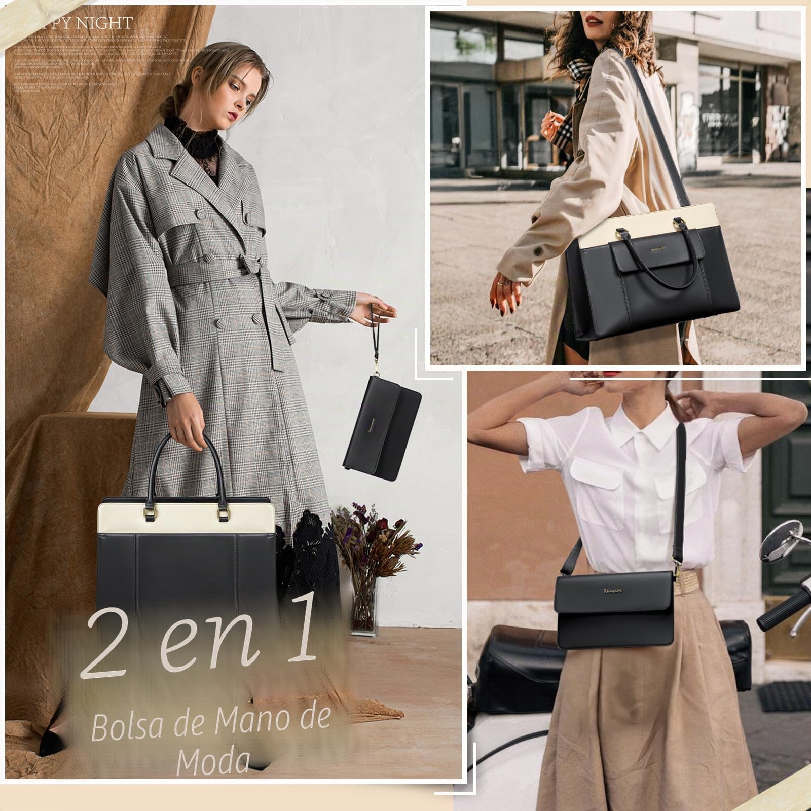 RAINSMORE Bolso Universidad Mujer Bolso Mujer Grande con Clutch Impermeable Ordenador Portatil 15.6 Pulgadas Bolsa Trabajo Shopper Oficina Negro