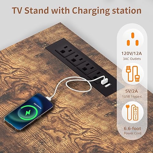 Miniatura 4 de VECELO Soporte de TV LED para centro de entretenimiento de 70 pulgadas con tomas de corriente, gabinete de televisión industrial con 7 estantes de