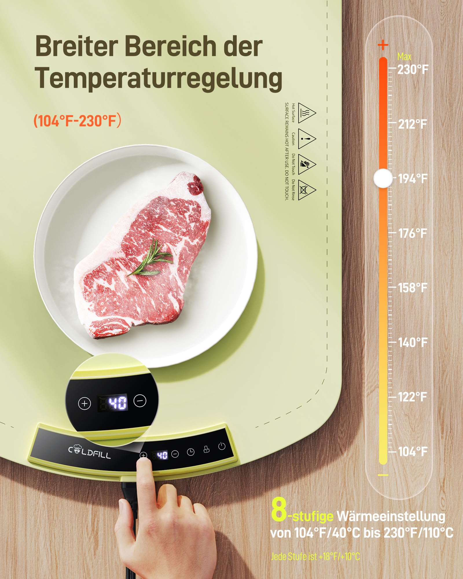 Warmhalteplatte Elektrisch - Faltbare Speisenwärmer 40-110℃ Einstellbare, Schnelle Heizung in 5S, 15mm Verbrühungsschutz, für Speisen Warm Halten, für Auftauen Buffet Server Party, Grün