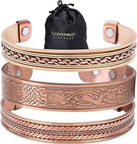 Coppervast Pulseras de cobre - para hombre y mujer Juego de 2 con bolsa de regalo Hecho a mano 100% cobre