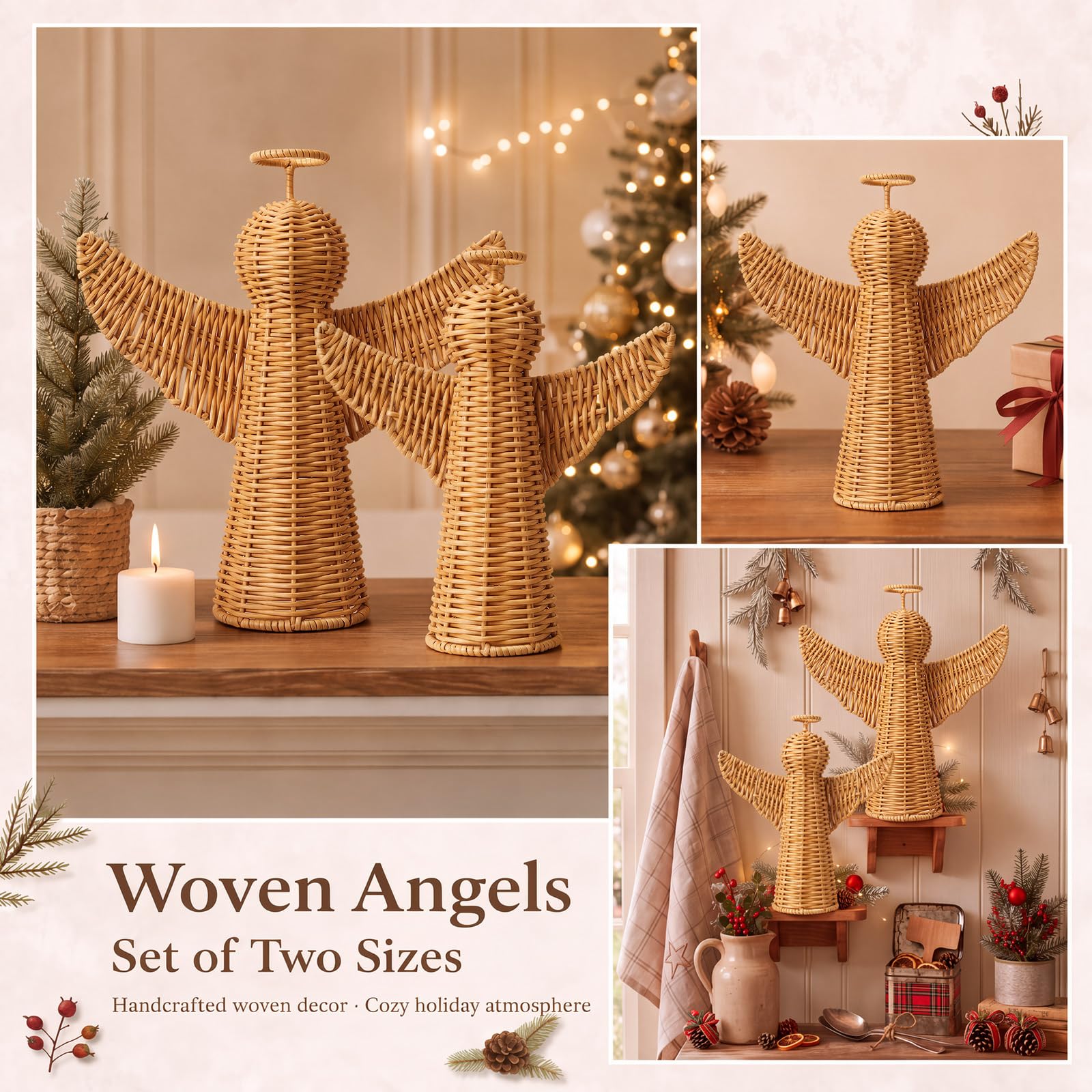 Yookeer 2 piezas de árbol de Navidad de ángel de ratán tejido con luces LED, adornos de mesa marrón natural hechos a mano para decoración rústica de vacaciones