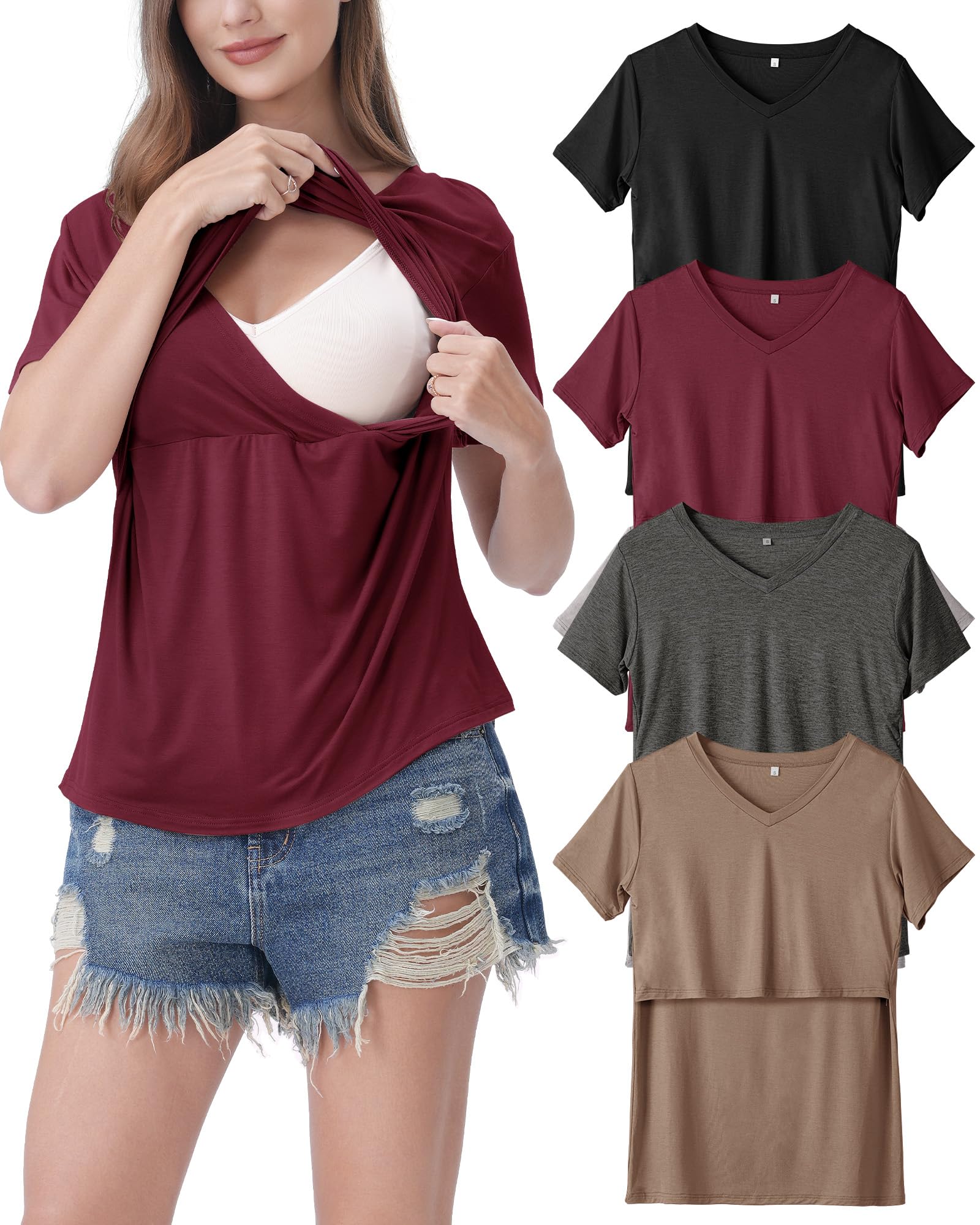 Rnxrbb 4 Pack Nursing Tops for Breastfeeding Summer Short Sleeve T Shirts V Neck Postpartum Clothes