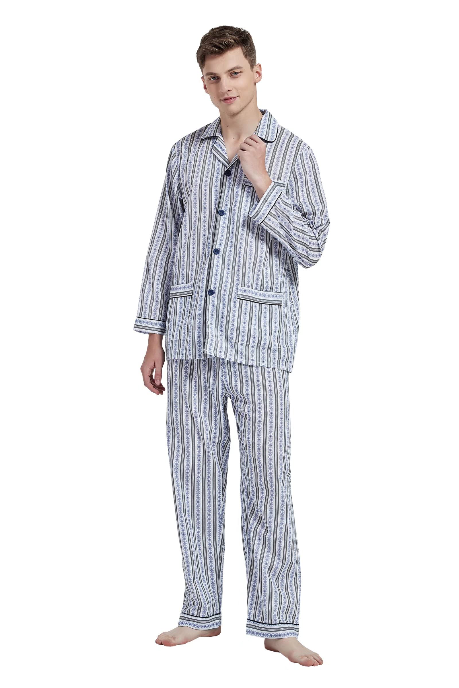 Amaxer Herren Zweiteiliger Schlafanzug Baumwolle Pyjama Set Nachtwäsche Hausanzug Langarm Oberteil mit Taschen Schlafanzughose mit Kordelzug