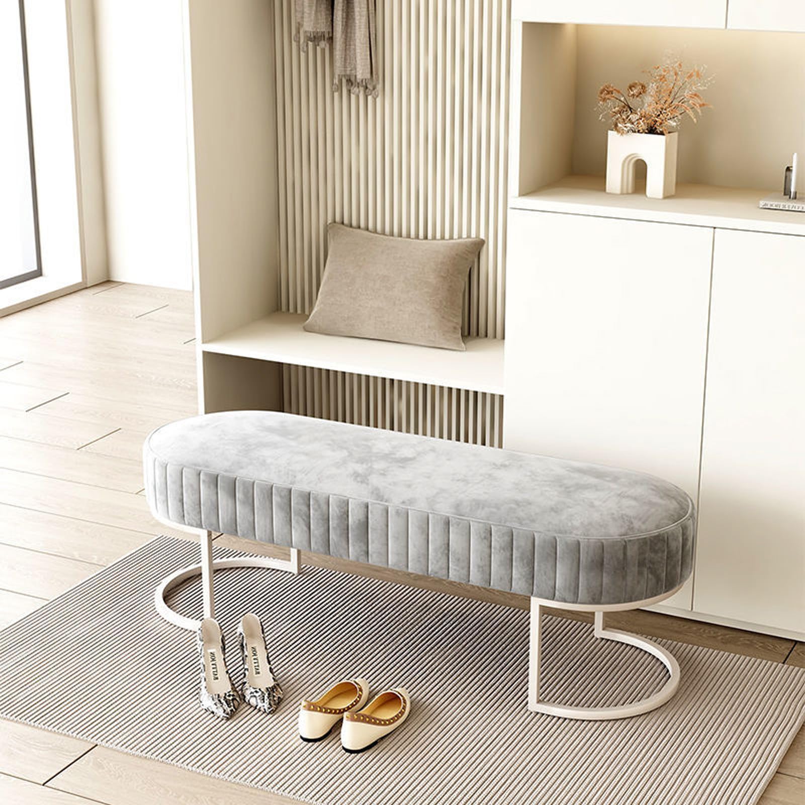 Banc à chaussures pour entrée moderne avec assise rembourrée et piétement métallique
