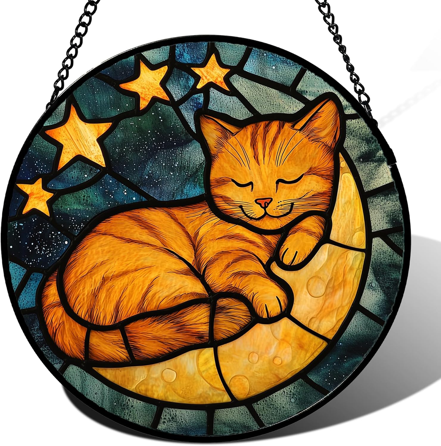 Stained Glass Window Hanging - Orange Cat Sun Catcher for Door Home Decor Stars and Moon Suncatcher Christmas Mother's Day Birthday Loss of a Pet Gifts for Women Men Mom Nana 7.8 in