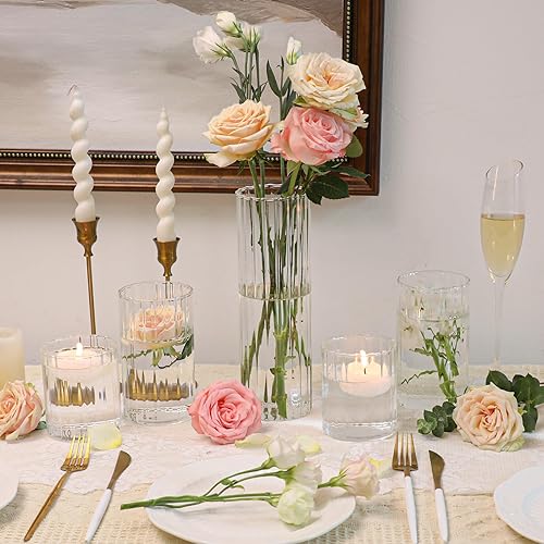 Miniatura 7 de ComSaf Paquete de 12 jarrones cilíndricos de vidrio, jarrones transparentes acanalados para centros de mesa, decoración de malas hierbas, jarrones