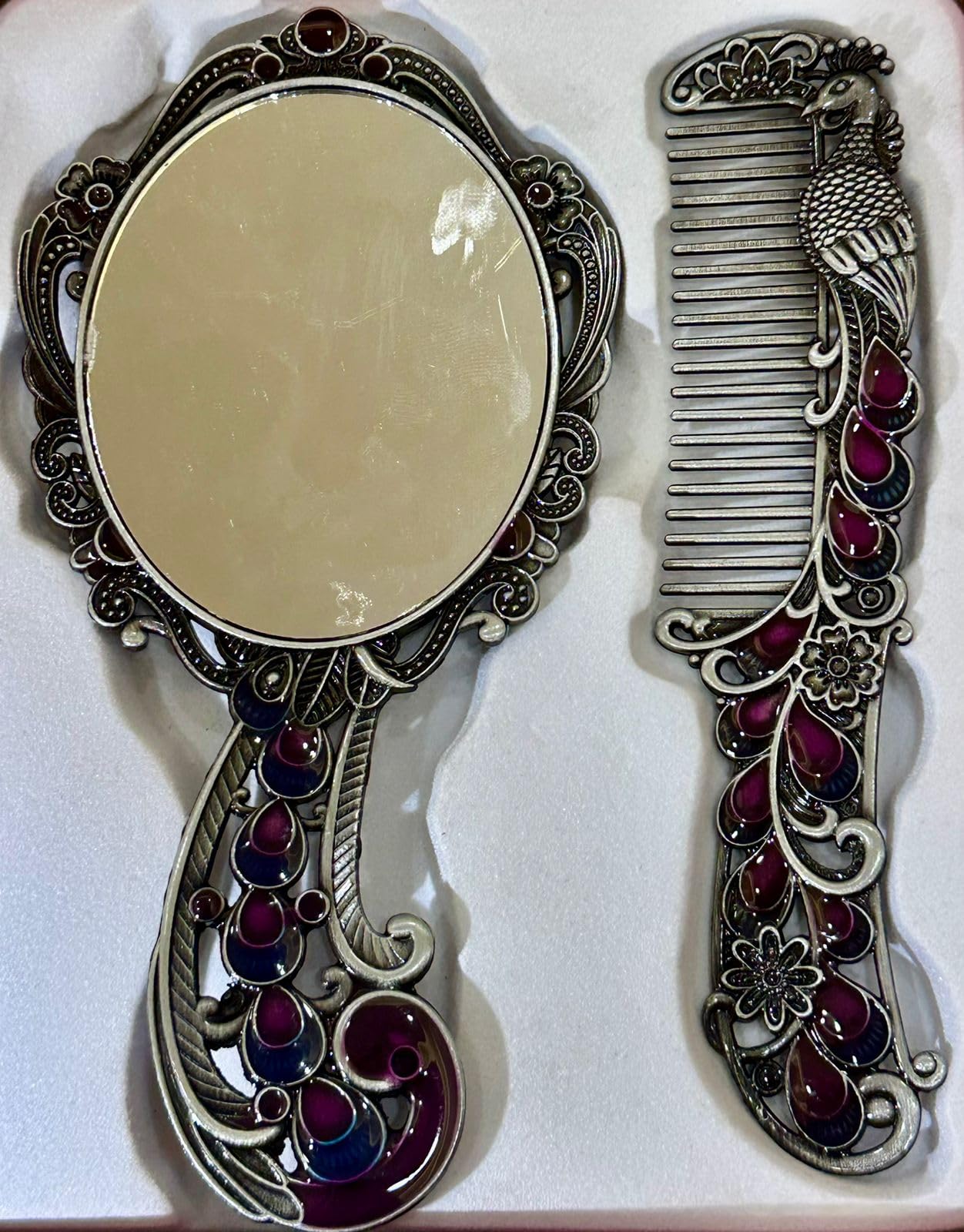 Luxurious Peacock Vintage Mirror & Comb Set with Red Gift Box | Antique Finish Handheld Vanity Makeup Mirror with Decorative Hair Comb | Premium Metal Alloy Dressing Table Gift Set for Women-image-18