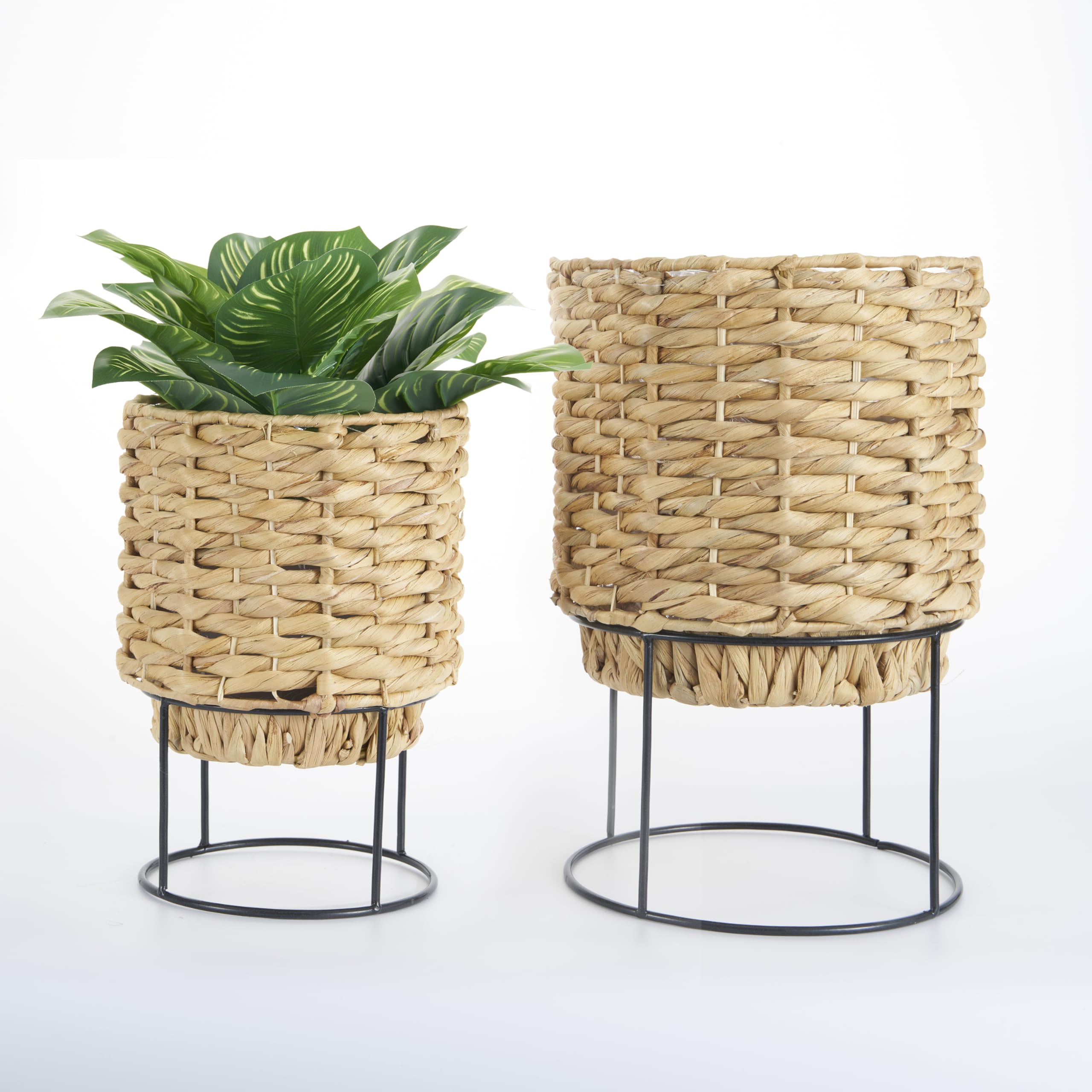 Set of 2 Water Hyacinth Planter Pot with Metal Stand Indoor for Plant, Flower Pots, Succulent Pot, Basket Planter, Decorative Pot Cover (Twisted)