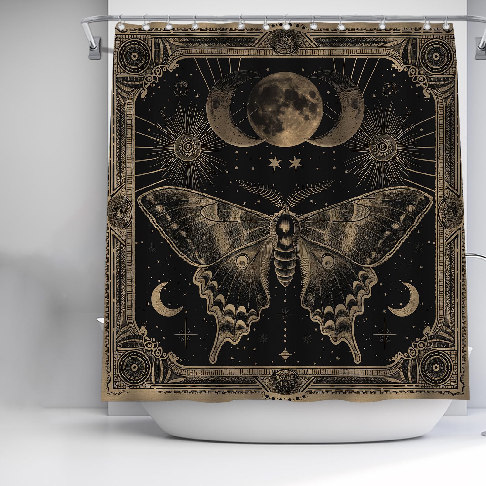 Gothic Moon Moth Shower Curtain Washable Polyester Fabric for Bathroom Home Decor Mystical Insect and Celestial Design Bath Curtains Gifts for Adults Kids with 12 Hooks 72x72 Inch