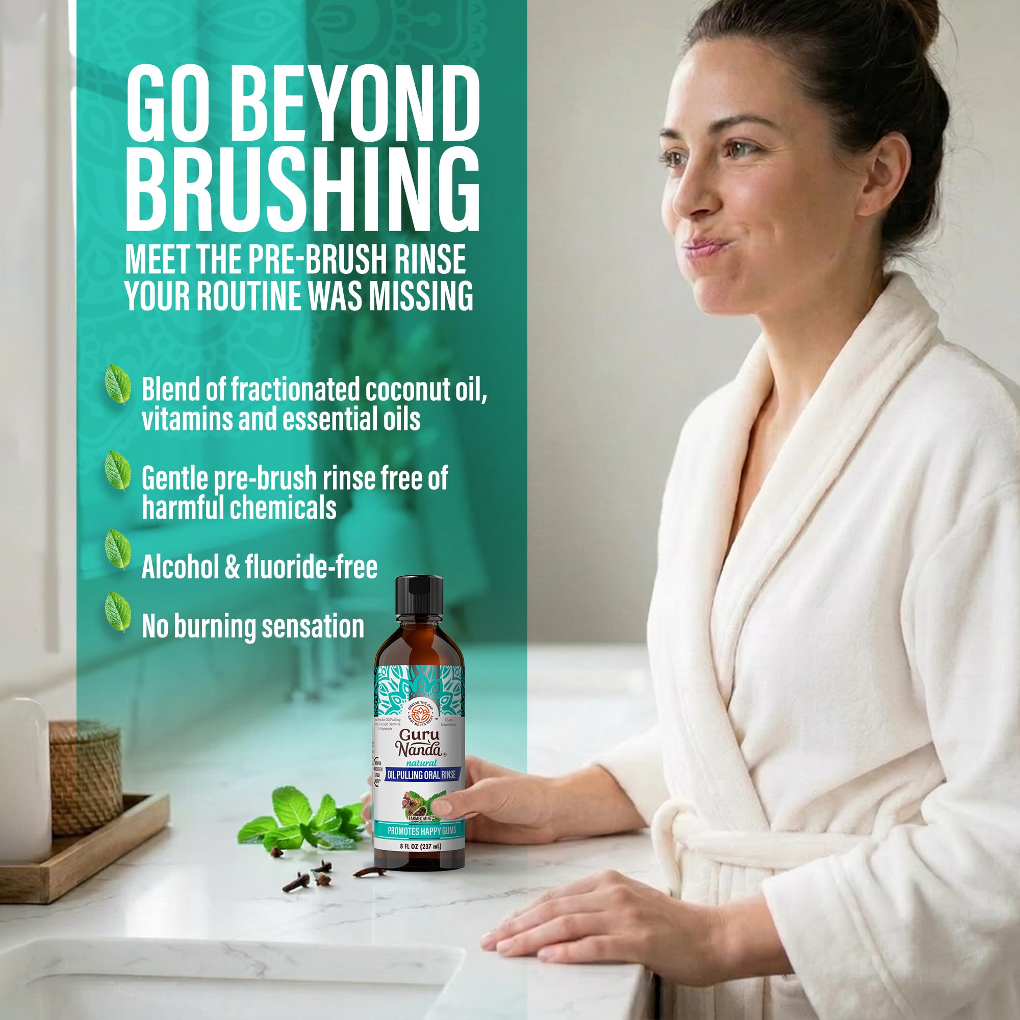 GuruNanda CocoMint Oil Pulling Mouthwash for Complete Oral Hygiene, 7 Essential Oils & Vitamins for Happy Teeth & Gums & Fresh Breath , Alcohol-Free, 8 oz: 8 Fl Oz (Pack of 1) 1 Pack