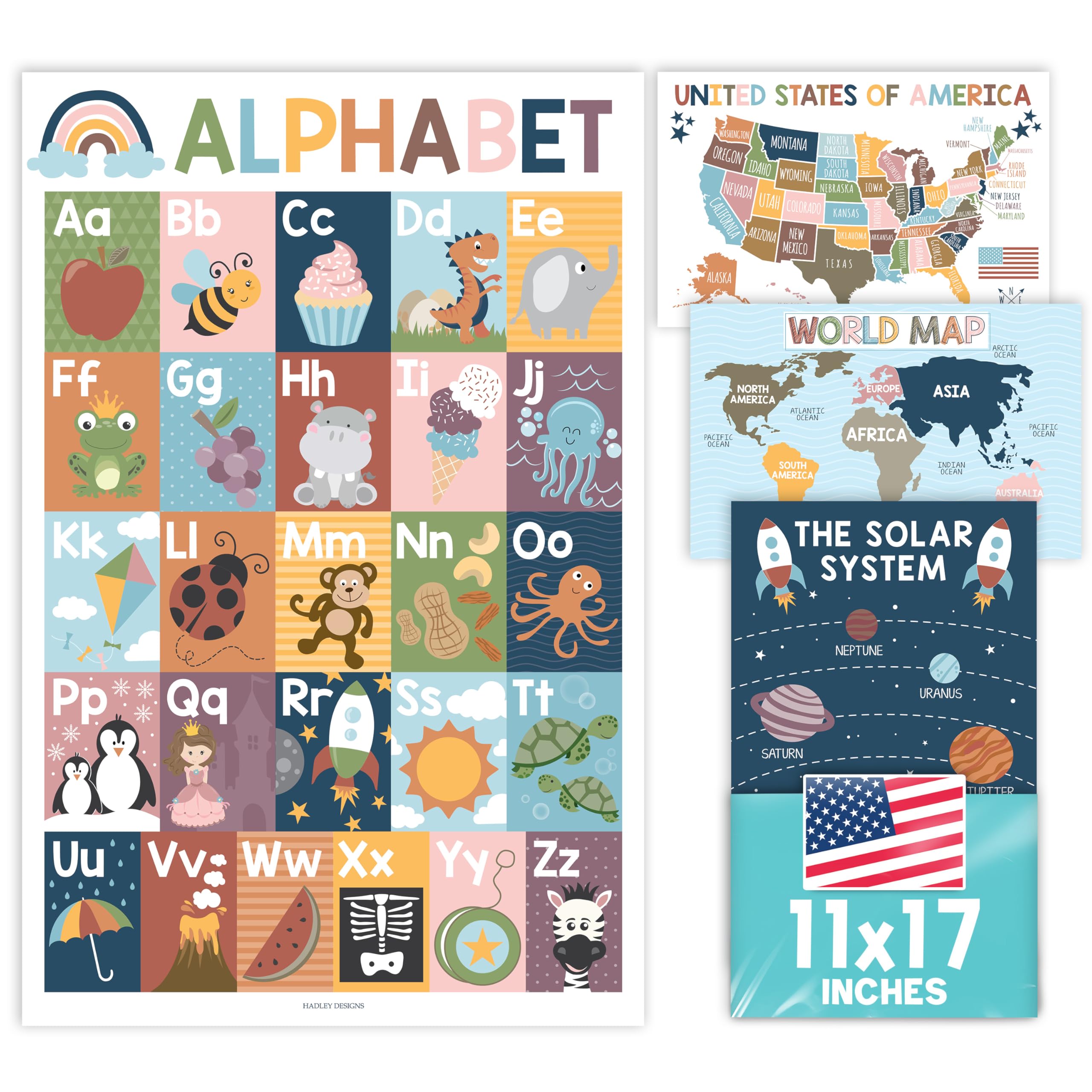 4 Boho Alphabet, US Map, World Map, Solar System Posters