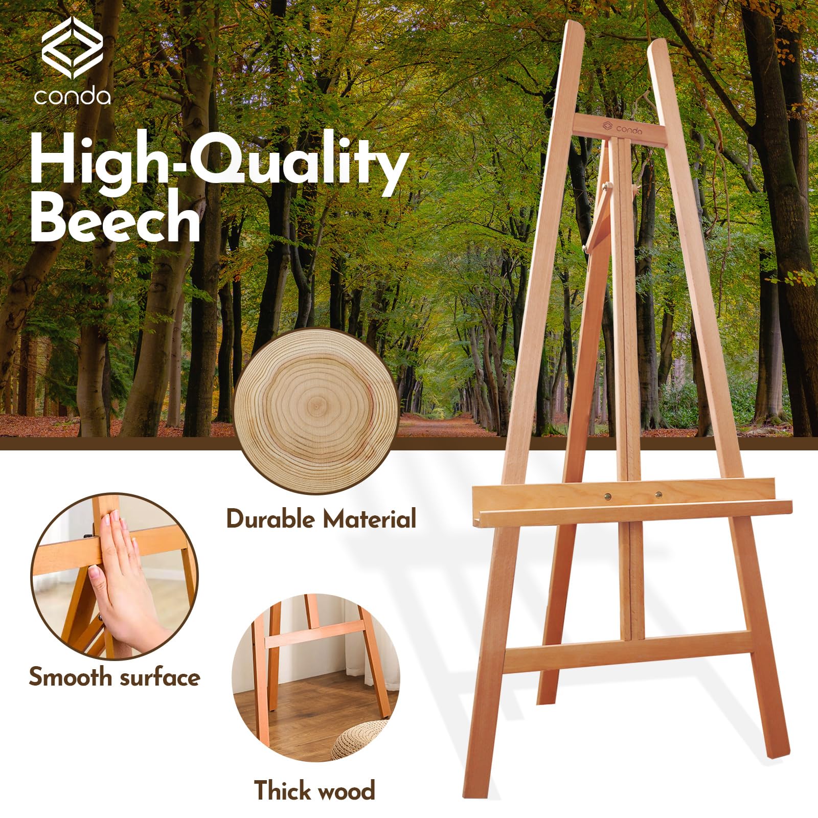 CONDA Caballete de madera ajustable para exhibición, caballete de artista de madera de haya con marco en A, sostiene lienzos de hasta 60 pulgadas, caballete inclinable para exhibición, pintura, dibujo
