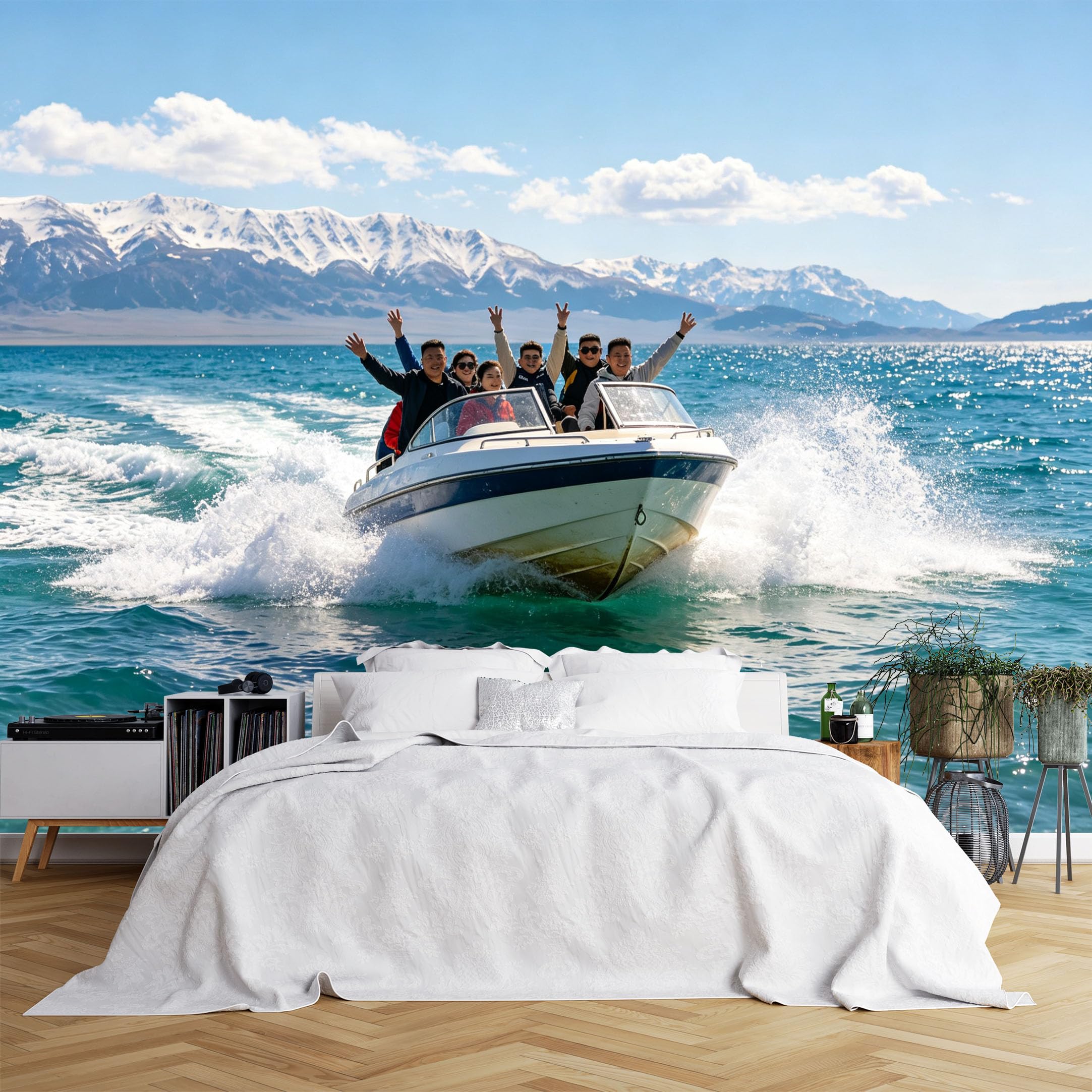 Custom Size Wall Murals Speedboat with Passengers on Turquoise Lake Wallpaper, HD Self-Adhesive Removable Wallpaper for Living Room, Office