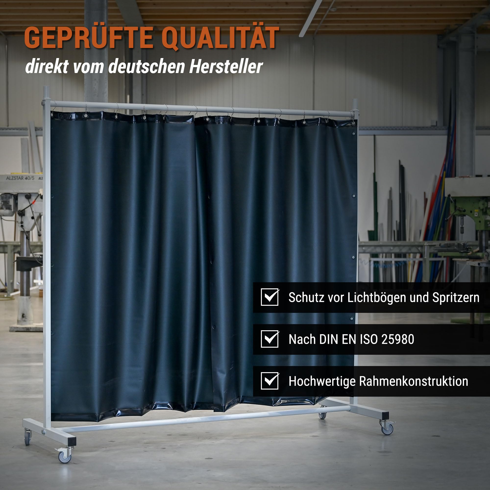 Mobile Schweißschutz Stellwand Plane grün 210x210cm EN ISO 25980 | Fahrbare Stellwand für Schweißarbeiten, Industrie und Metallbau zum Schutz vor UV-Strahlung, Funken und Spritzern