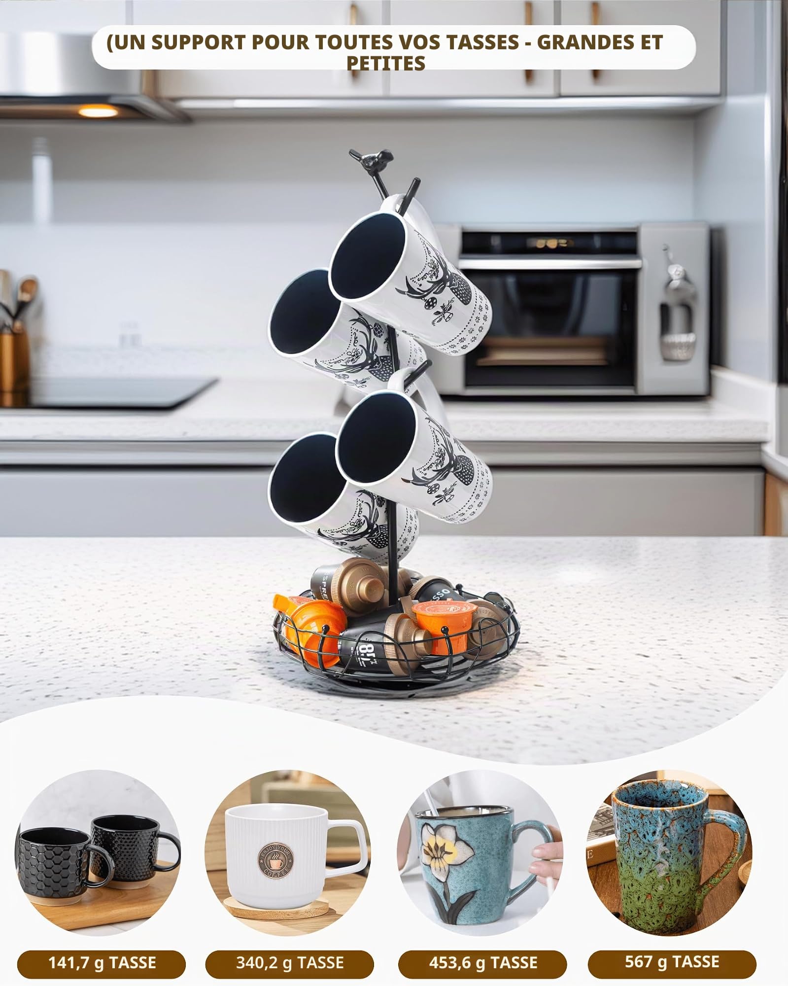 Porte-tasses décoratif pour comptoir | Arbre à tasses à café avec panier de rangement nid d'oiseau | Peut contenir 4 grandes tasses | Décoration de cuisine fantaisiste, accessoires de bar à café et