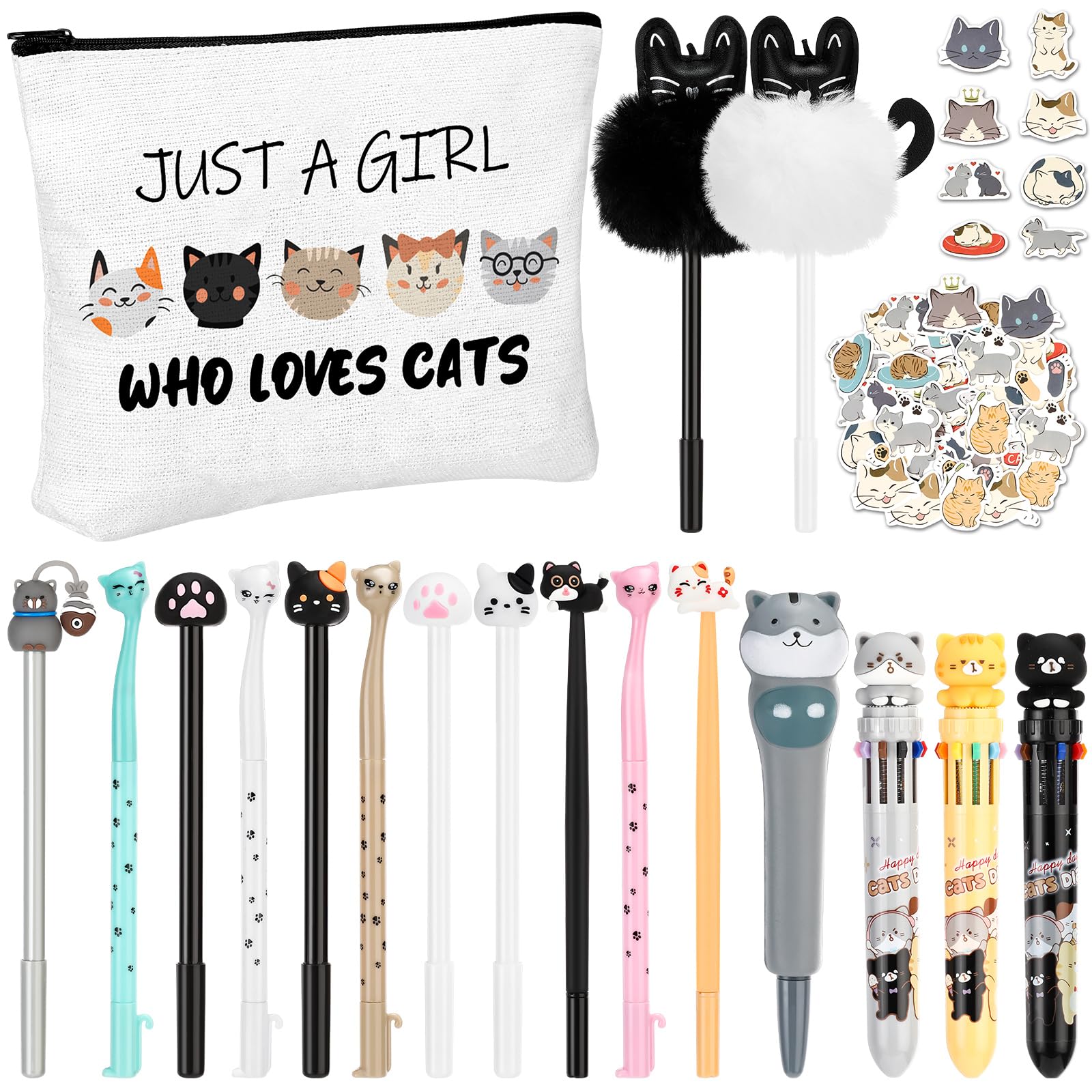 Seajan 63 Pcs Cute Cat Stationery Set Kawaii Kitten Gel Pens Makeup Bag Pencil Pouch Stickers for Cat Lover Daughter Family Christmas Gifts School Office Classroom Supplies Desk Accessories