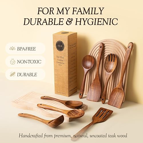 Miniatura 3 de Cucharas de madera de 8 piezas para cocinar, utensilios de madera de teca de acabado liso, juego de cocina antiadherente, agarre cómodo, utensilios