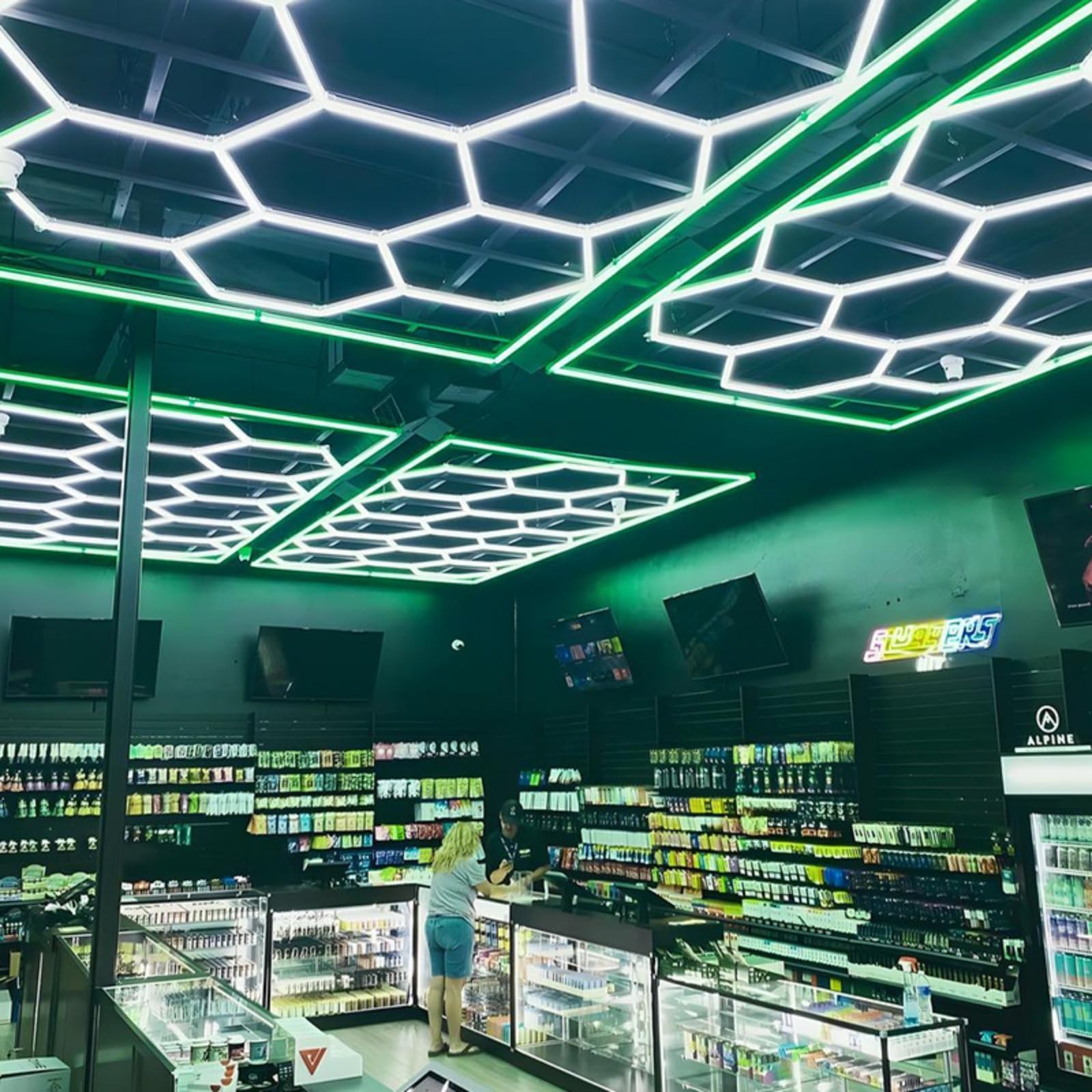 neon led garage, lampe led hexagone,plafón led de nido de abeja,lampe de garage hexagonal,Adecuado para la decoraci n del coche, film luminoso para la iluminación de estación de trabajo y taller