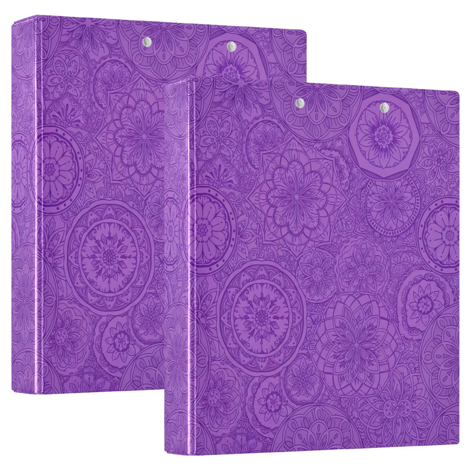 Confezione da 2 raccoglitori ad anelli con motivo floreale viola mandala, con portablocco a D, con portablocco, grandi raccoglitori a 3 anelli, per scuola, università, ufficio
