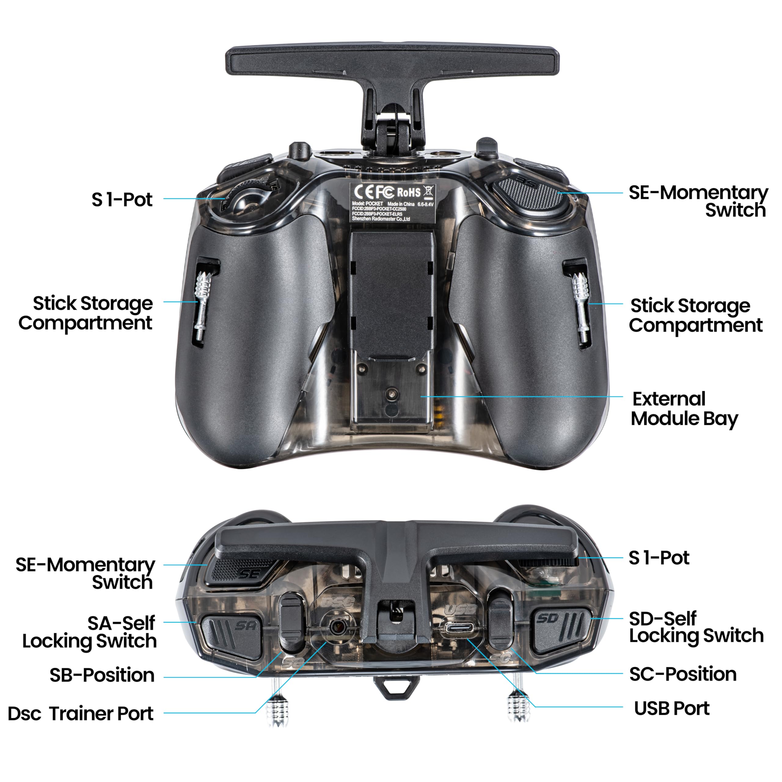 Radiomaster Pocket ELRS Remote Controller Portable Hall Gimbal EdgeTX Transmitter with LED Light for FPV Drone/RC Helicopter&Car Boats&Multirotor (Black)