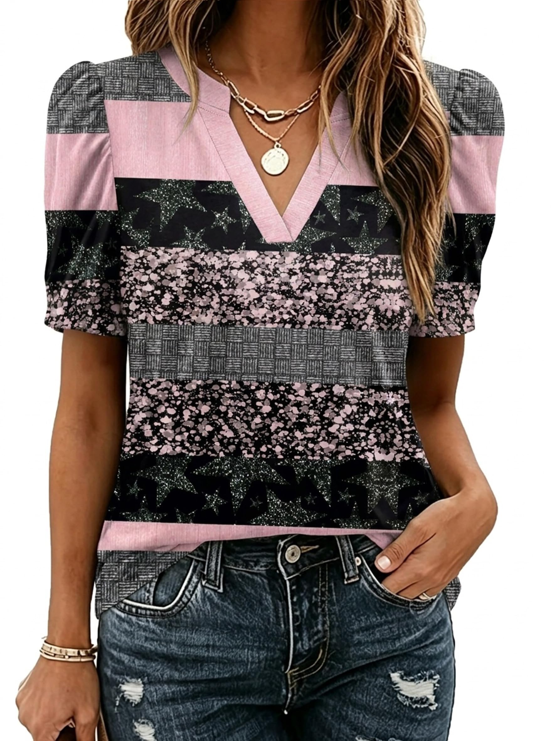 Zeagoo Women Blouses Puff Short Sleeve Tops V Neck Dressy Casual Spring Shirts Boho Floral Cute Clothes 2026