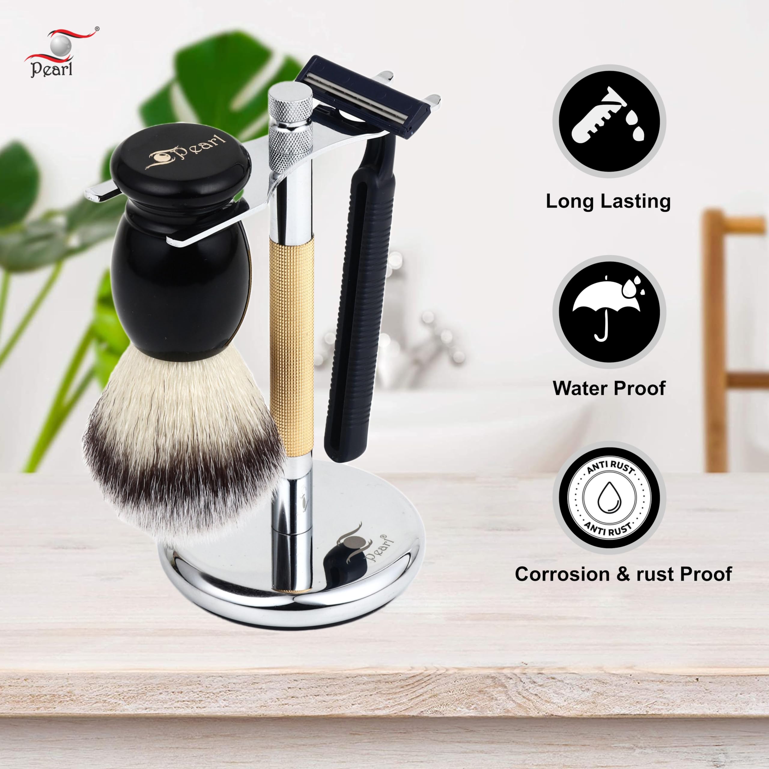 Pearl Combo of Shaving Razor and Brush Holder Stand (Gold) 4