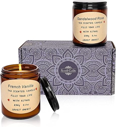 Paquete de 2 velas perfumadas para el hogar, velas de aromaterapia de soja de 8.1 onzas, juego de regalos de Navidad para mujeres, rosa de sándalo,
