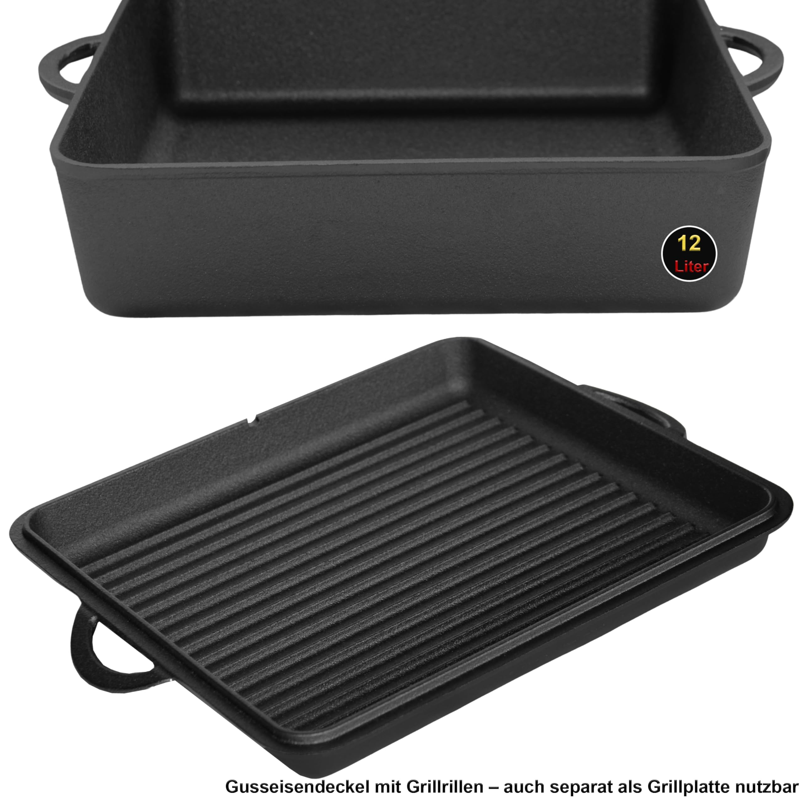 Dutch Oven Set Gusseisen 1,8L-13,6L – Feuertopf mit Deckelheber, Schmortopf mit & ohne Füße, Schlitz für Themormeter, inkl. Kochbuch – Perfekt für BBQ Indoor & Outdoor (ohne Füße, 12L - E1)