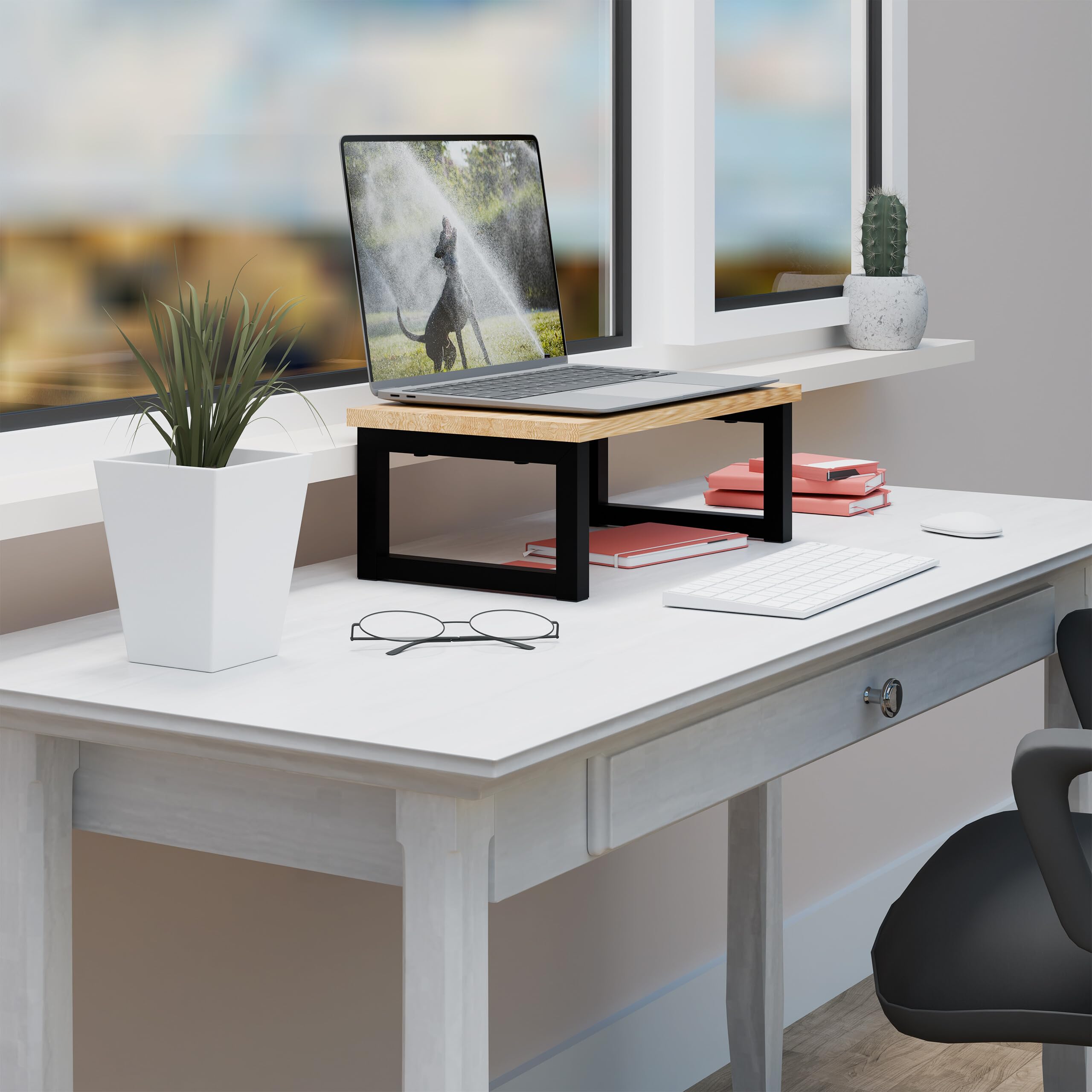 Relaxdays Stojak na monitor, wysokość ekranu na biurko, wys. x szer. x gł.: 15 x 40 x 23 cm, wzornictwo przemysłowe, naturalny/czarny