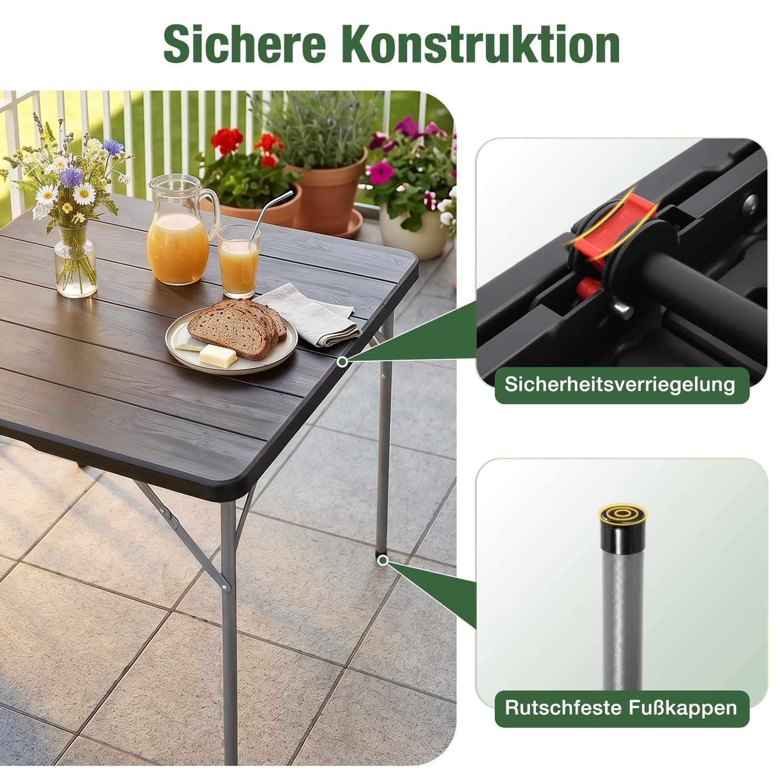 Sekey Gartentisch Klappbar, H x B x T: 74 x 86 x 86 cm, Kunststoff Holz Optik Balkontisch 4 Personen, Wetterfest Klapptisch Outdoor Campingtisch Beistelltisch Bistrotisch, Schwarz
