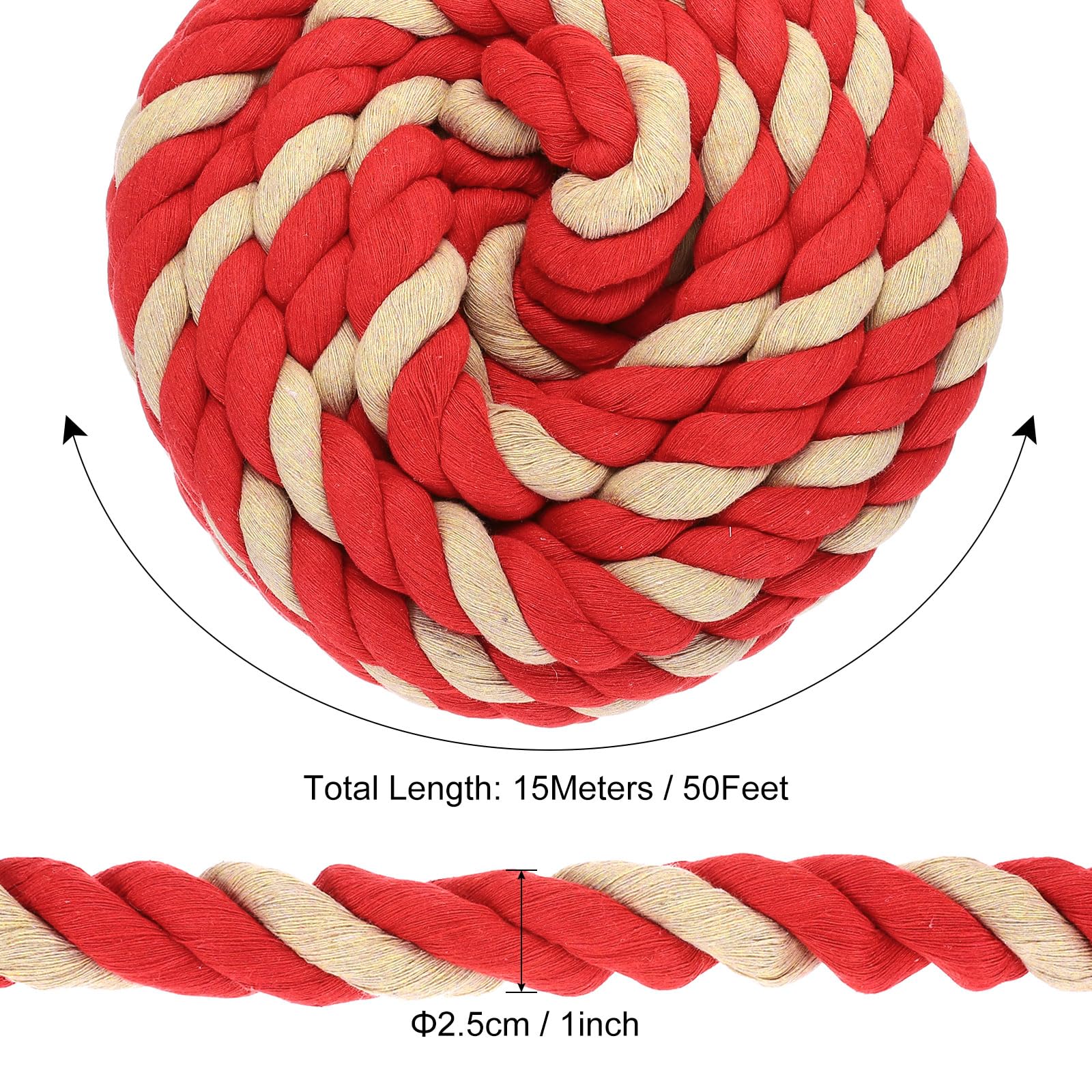 PATIKIL 1 Inch x 50 Feet Natural Twisted Cotton Rope 3 Strand Strong Thick Cotton Rope Tug of War Rope for Railings Crafts Games Home Decor Red Brown - Image 2