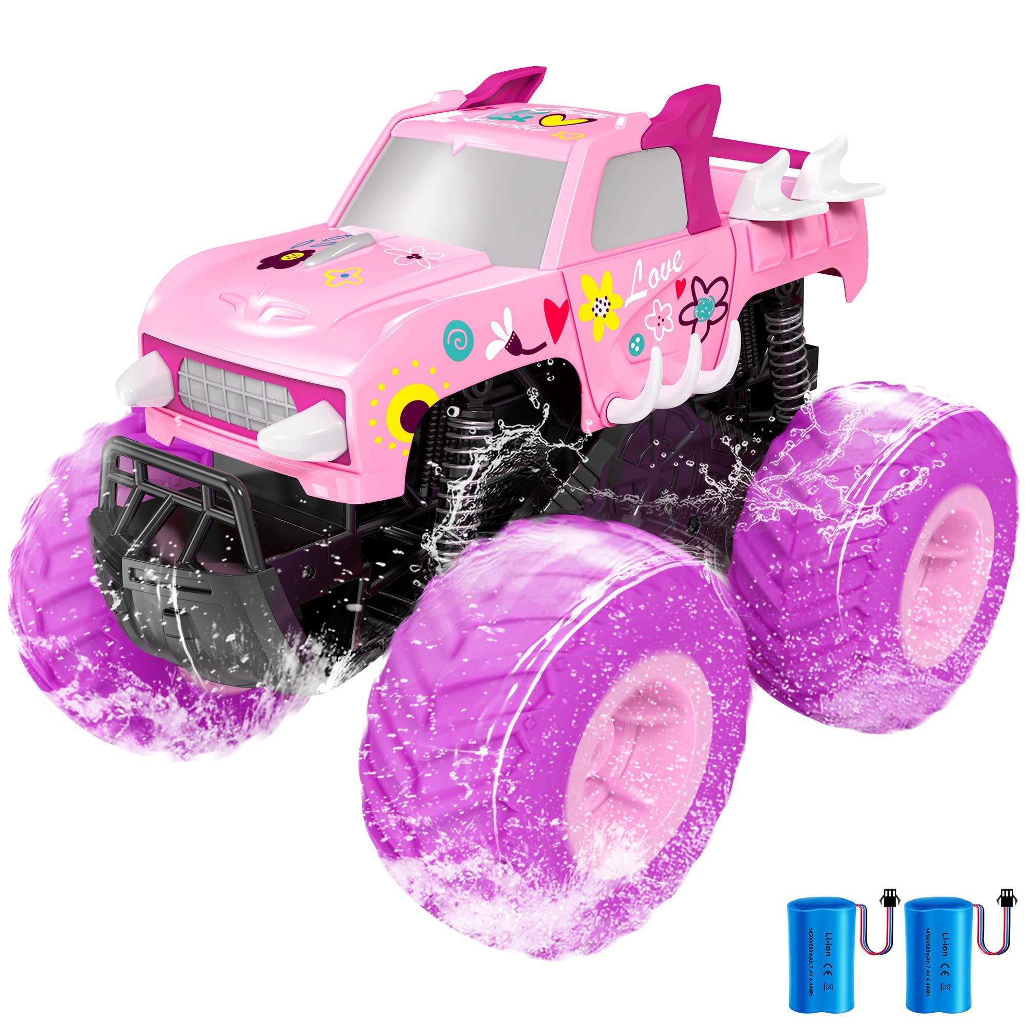 Threeking 1:16 Waterproof Pink RC Monster Truck Toys Amphibious Remote Control Car Pickup 4WD All-Terrain Toy Gift for Girls Ages 6 7 8 9 10 11 12 Durable Off-Road Fun for Indoor & Outdoor Play