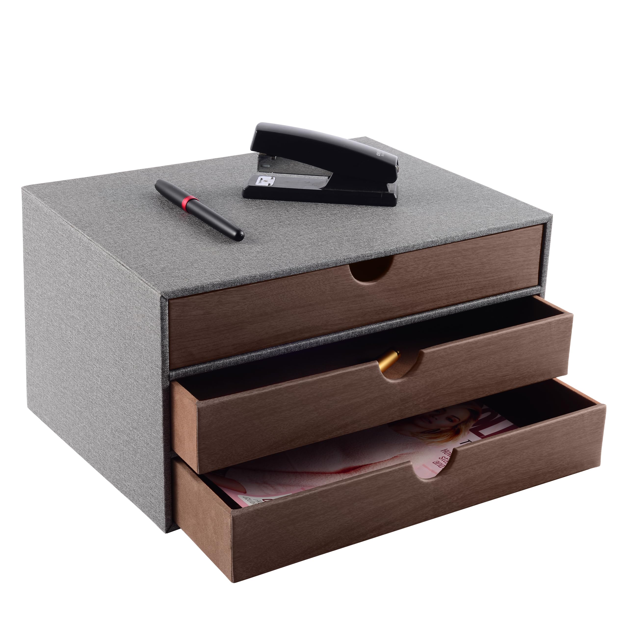 XNONE PU Leather Desk Organizer with 3 Drawers,Office Desktop MultiFunctional Drawer for Stationery/A4 Paper/Document/Magazine/Book/Letter/Jewelry/Makeup Product Home Decora Storage Box (Grey)
