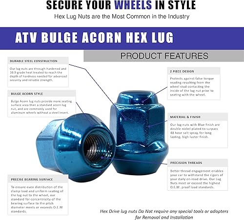 Miniatura 3 de Wheel Accessories Parts Juego de 16 tuercas de llanta para ATV Blue10x1.25 pulgadas, asiento de bellota de 1.25 pulgadas de largo, hexagonal de