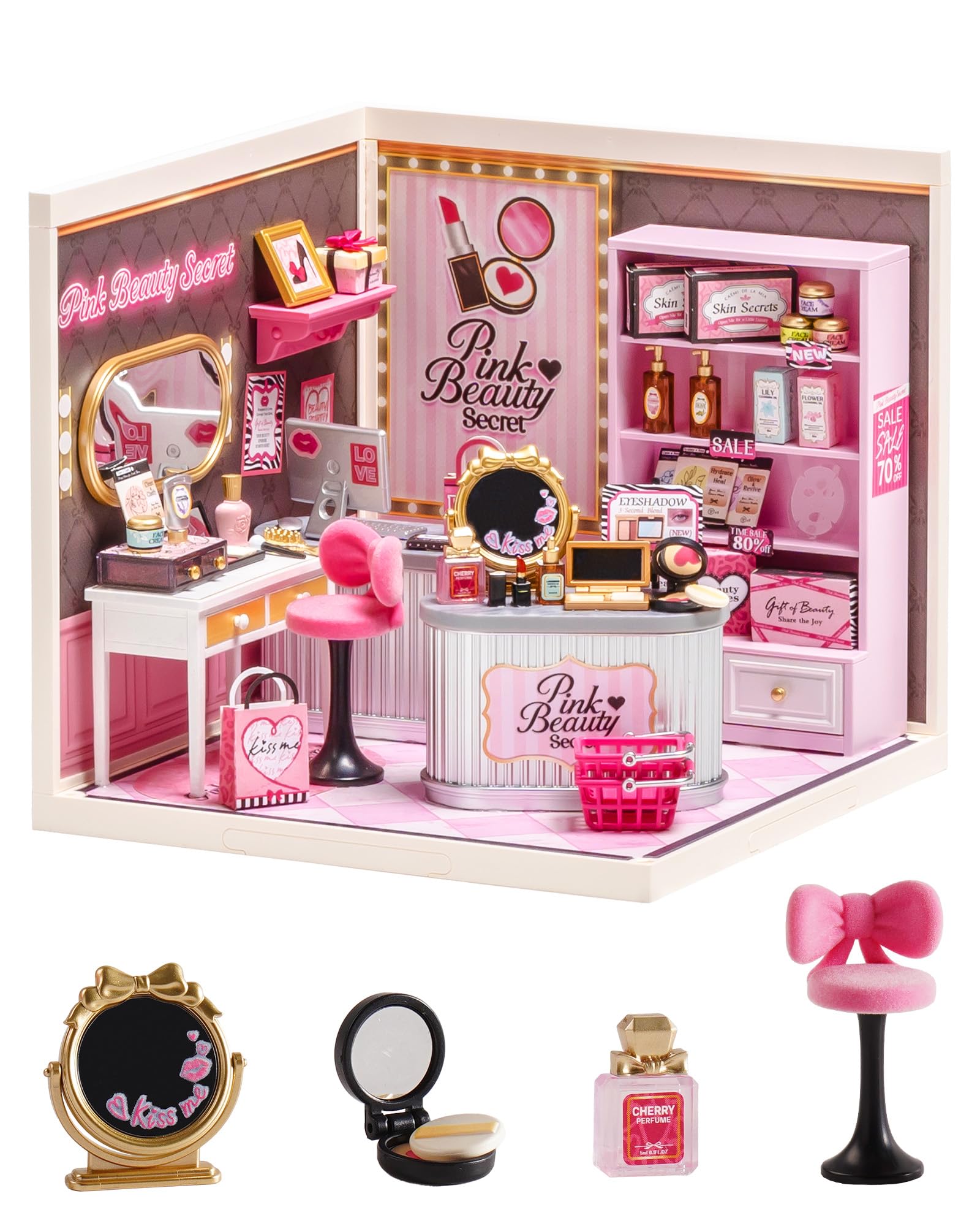 Rolife Super Creator Pink Beauty Store, Kit Fai da Te in Miniatura per Casa delle Bambole con Luce, Kit di Mobili per Casa delle Bambole in Plastica Senza Colla, Kit di Costruzione in Miniatura per