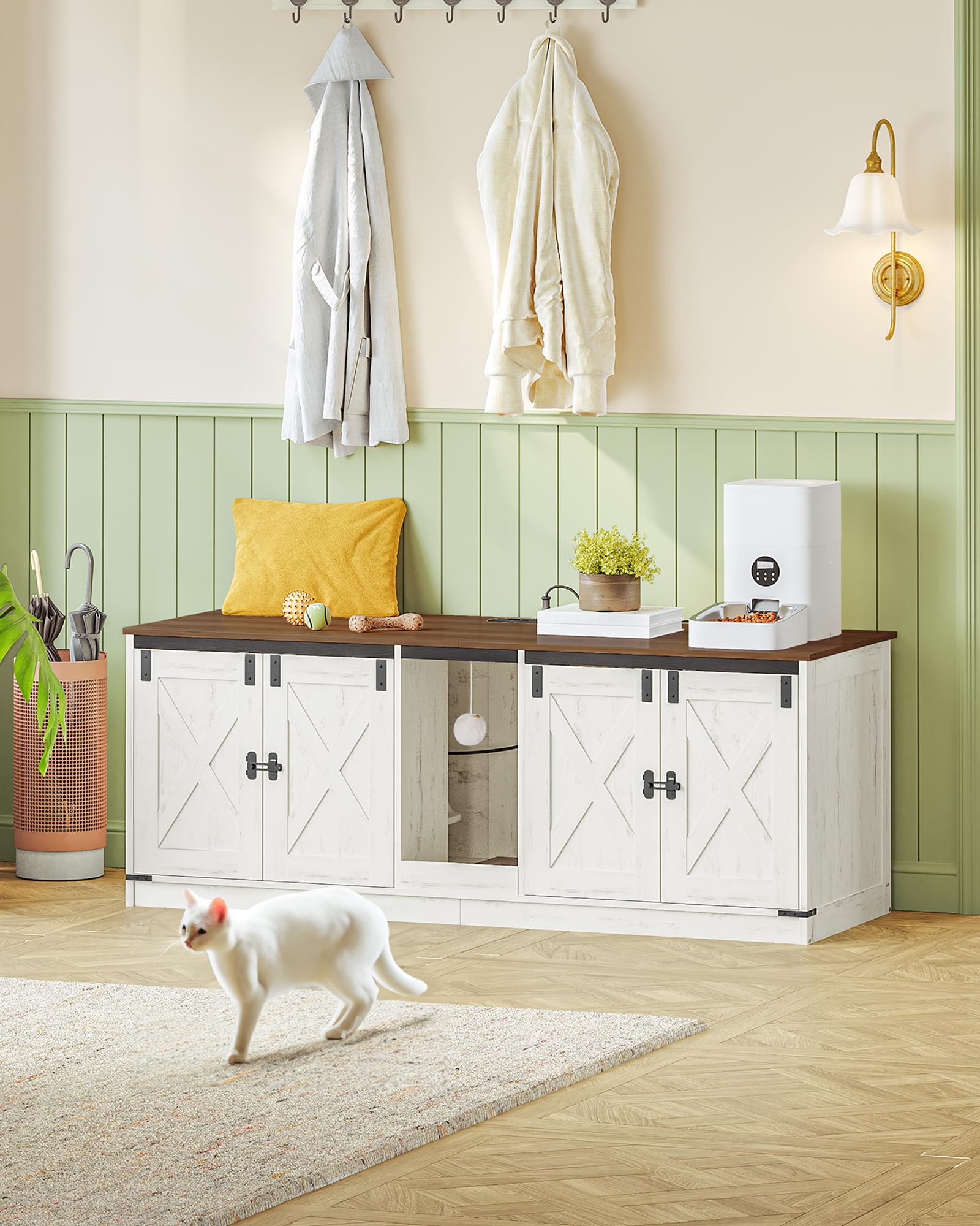 Hzuaneri Armario para Gatos, Mueble Arenero Gato con Puertos USB y Tomas de Corriente, Mueble Arenero Oculto de 140cm para 2 Gatos, Casa para Gato de Interior, Marrón Rústico y Blanco CB82514X