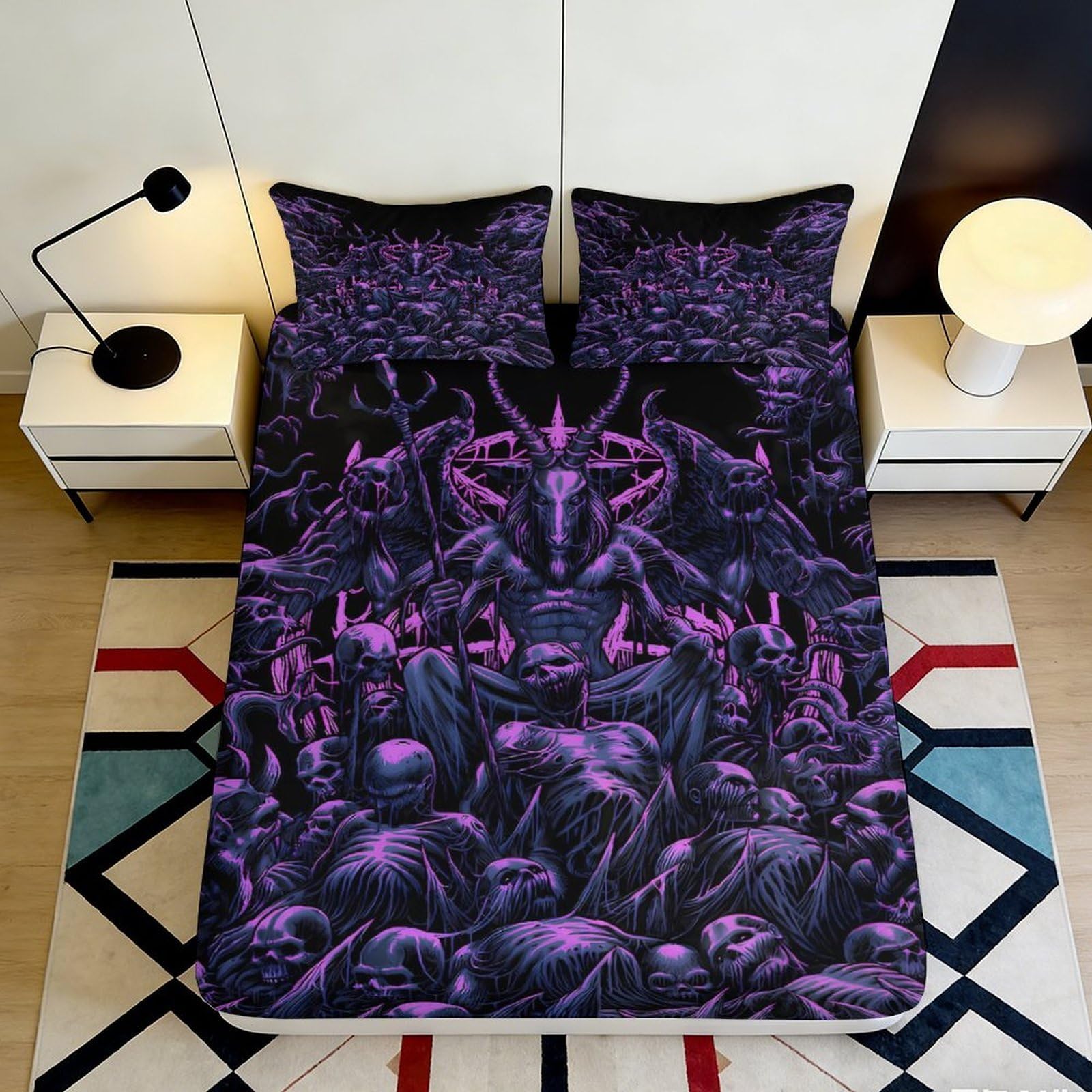 3D Printed Dark Gothic Fitted Sheet Microfiber Soft Breathable Demon Skull Bed Cover for Bedroom Dormitory Guest Room Mattress Protection Decor 90x200x25cm