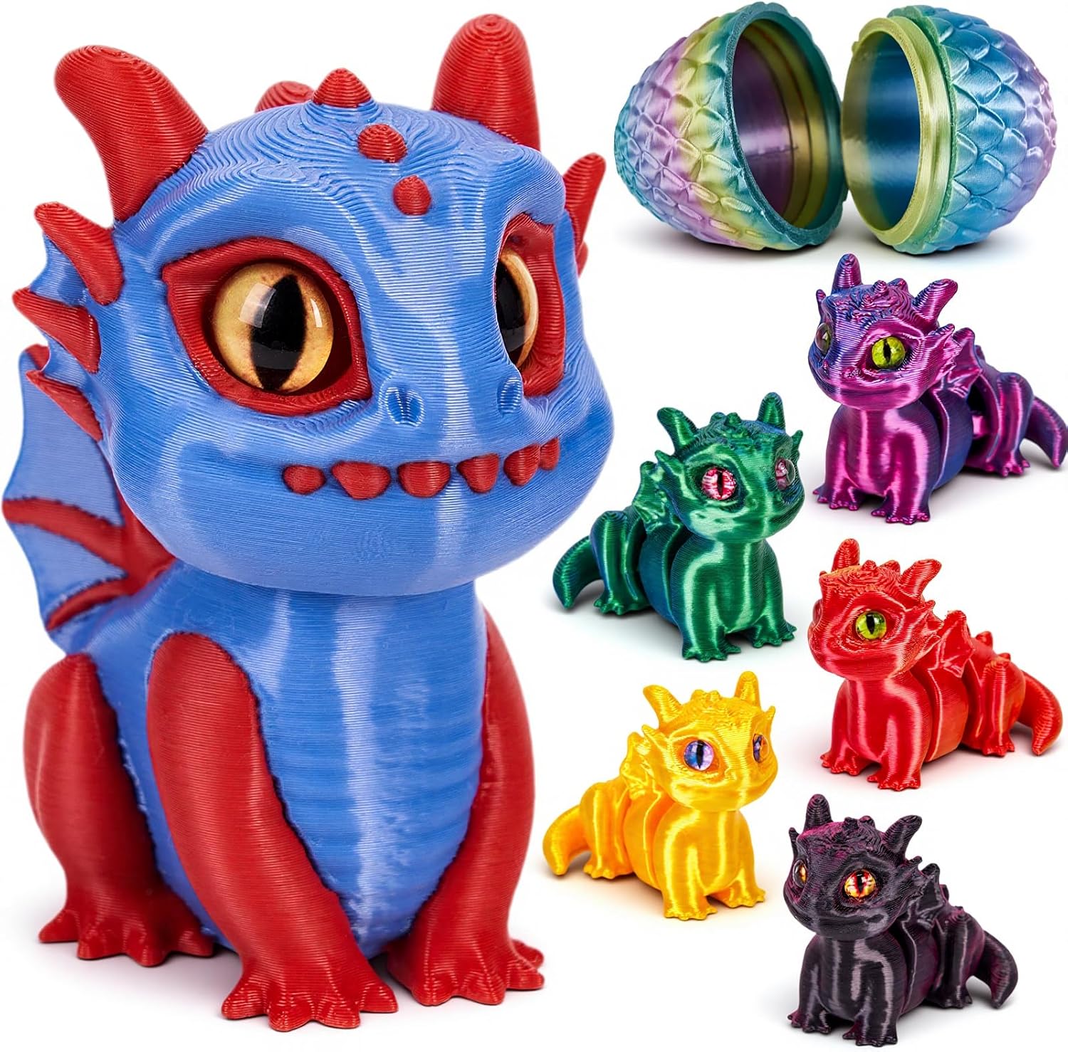 3D Printed Baby Dragon Set, 1 Clicker & 5 Articulated Mini Dragons in Egg, Sensory Fidget Toys for Kids Stress Relief, ADHD, Autism Gifts, Easter Stuffers Gifts (Sapphire Sunset)